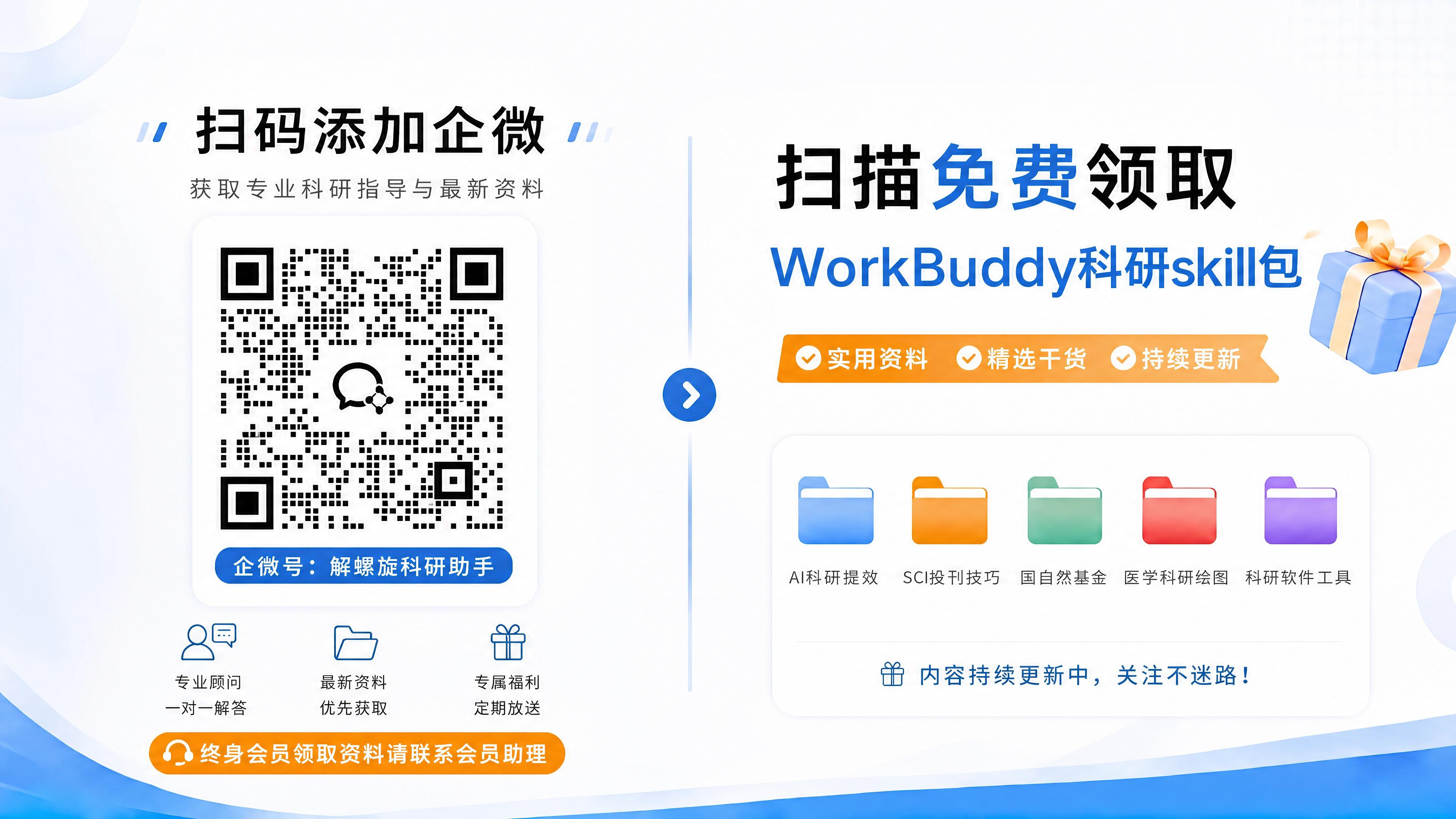 解螺旋科研助手企业微信二维码,扫码添加免费领取科研资料礼包,包含AI科研提效、SCI投稿技巧、国自然基金、医学科研绘图、科研软件工具等实用资料