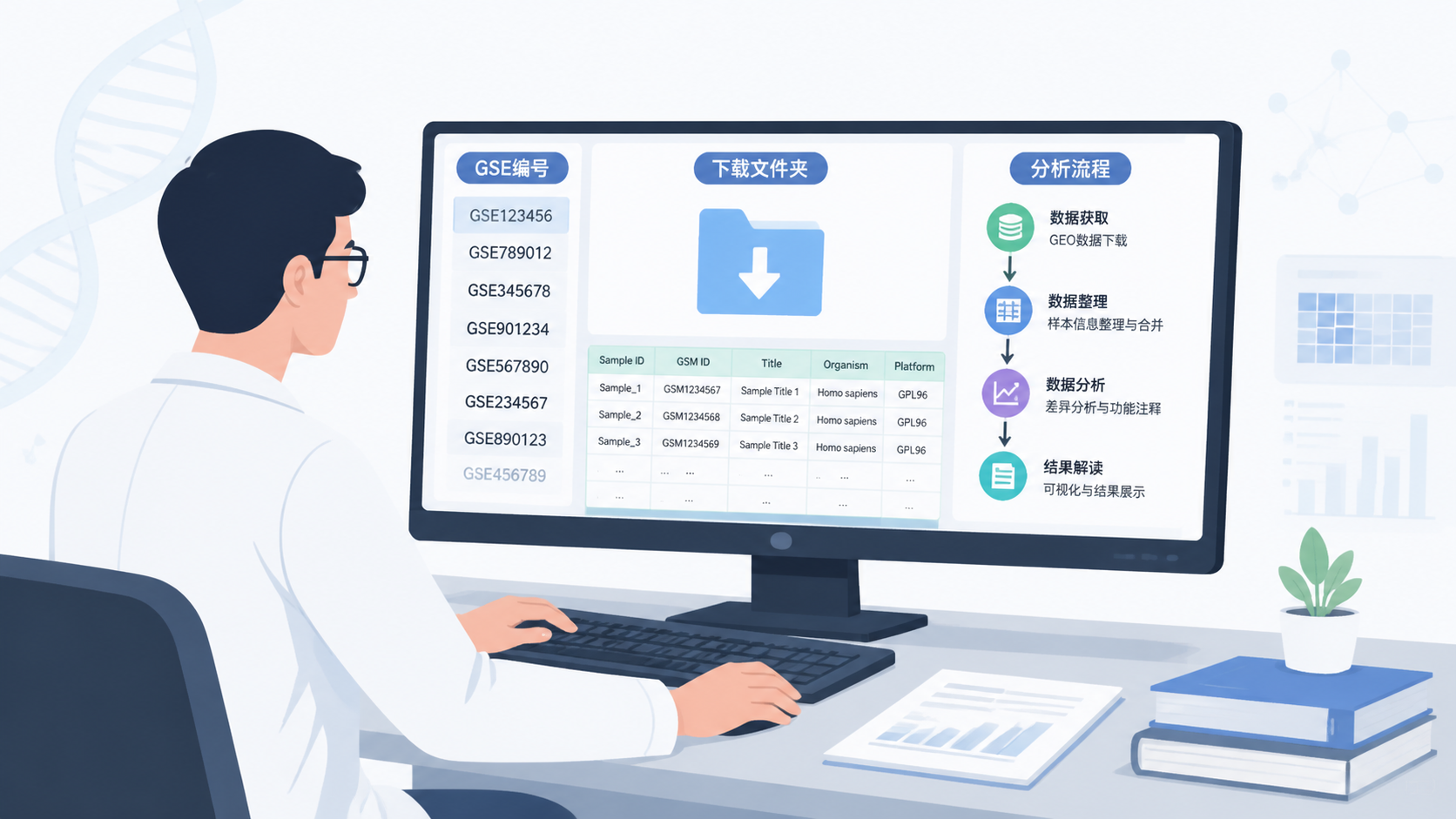 一张科研人员在电脑前整理GEO数据表格的场景图，画面包含GSE编号列表、下载文件夹和分析流程图，突出“规范检索、批量整理、快速分析”。