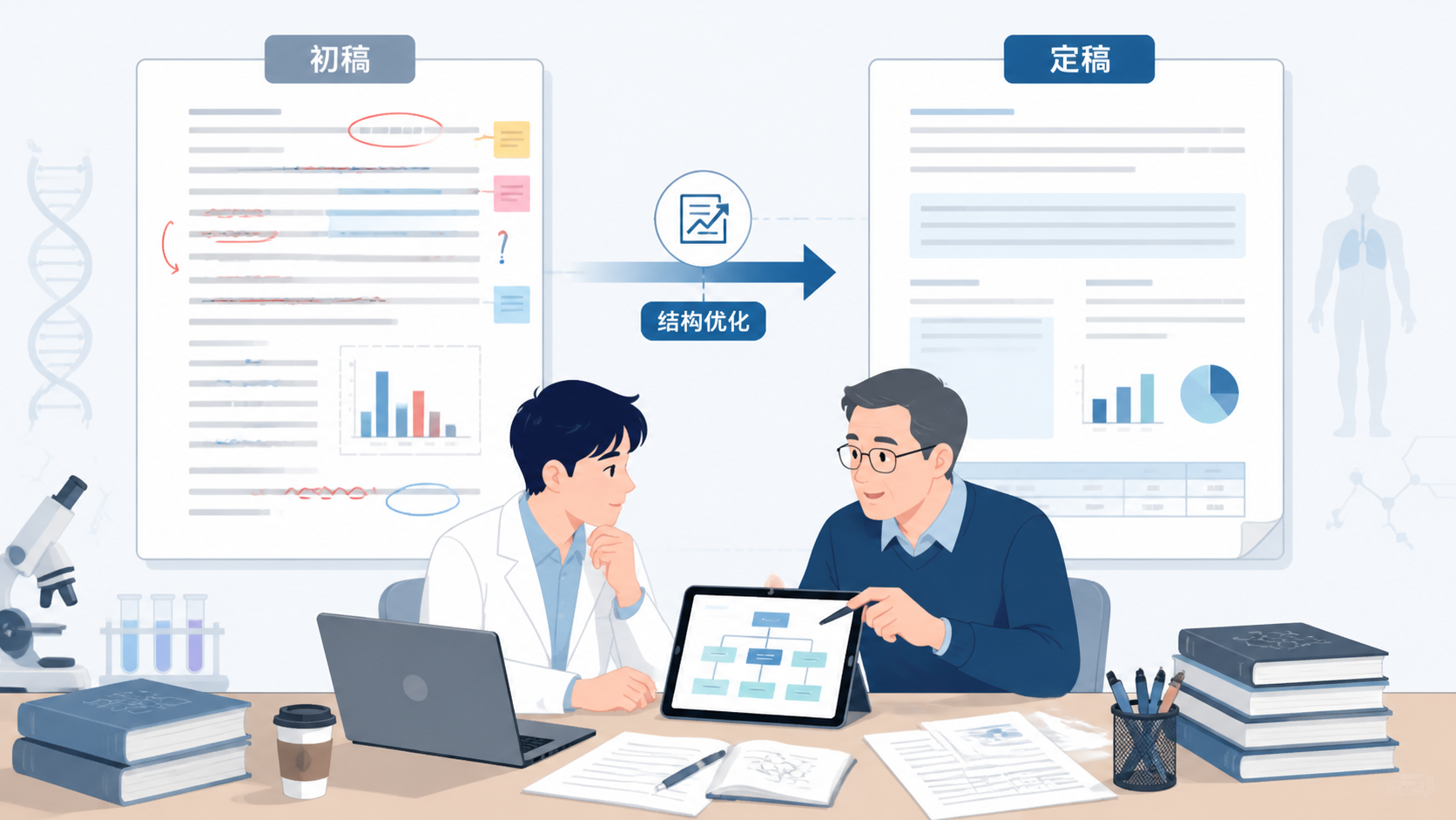 一篇医学SCI论文从初稿到定稿的对比画面，旁边有研究者与导师讨论文章结构的场景。