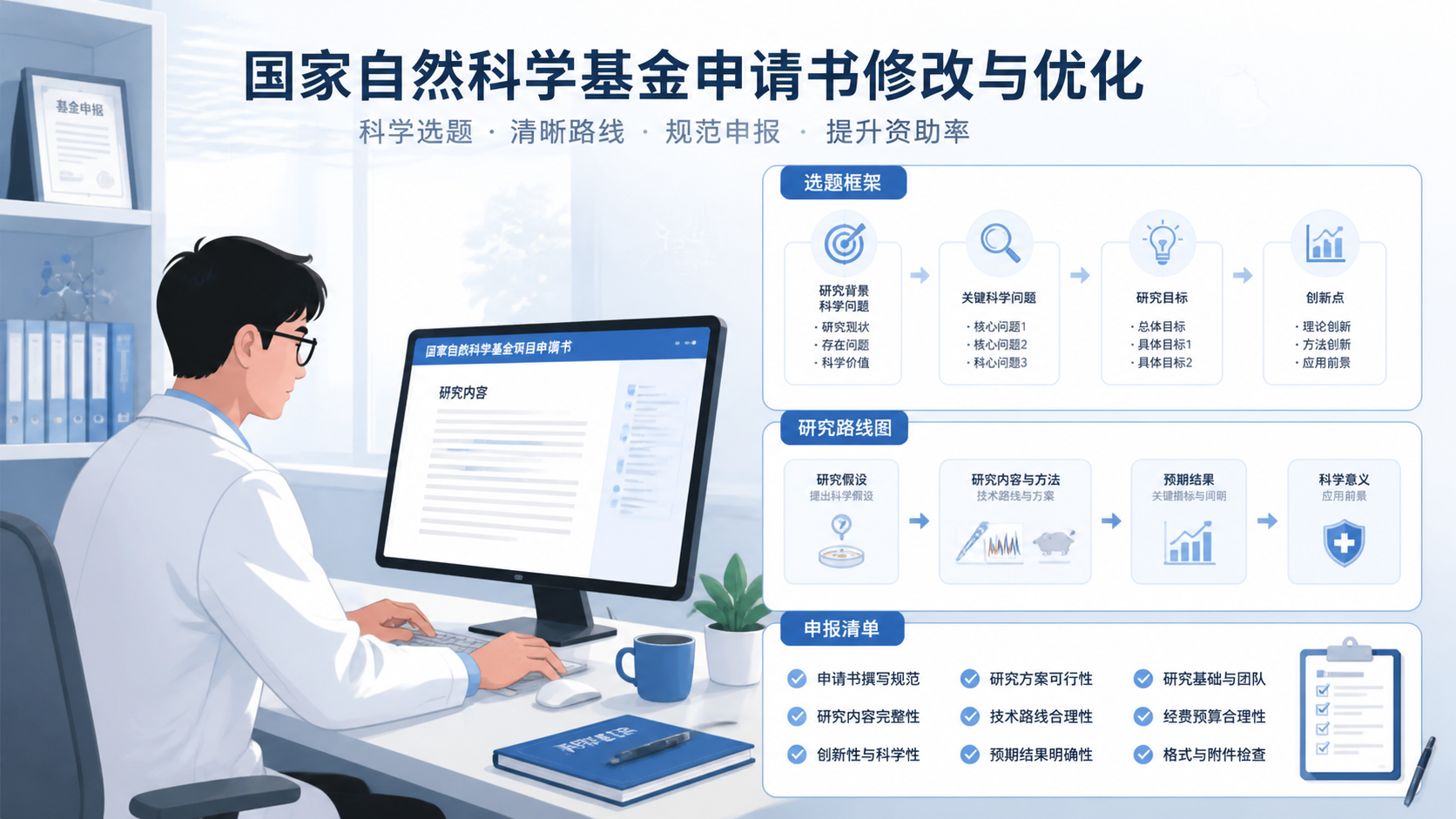 青年科研人员在电脑前修改国自然申请书，旁边展示选题框架、研究路线图和基金申报清单。