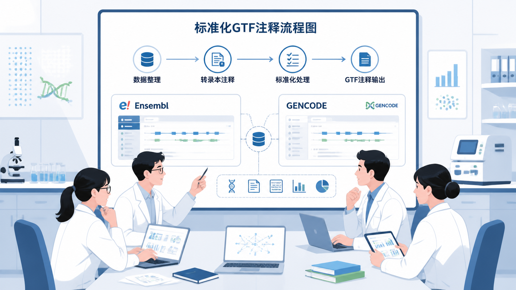 实验室团队在讨论分析流程，屏幕上显示标准化GTF注释流程图、Ensembl/GENCODE数据库页面和下游分析结果图