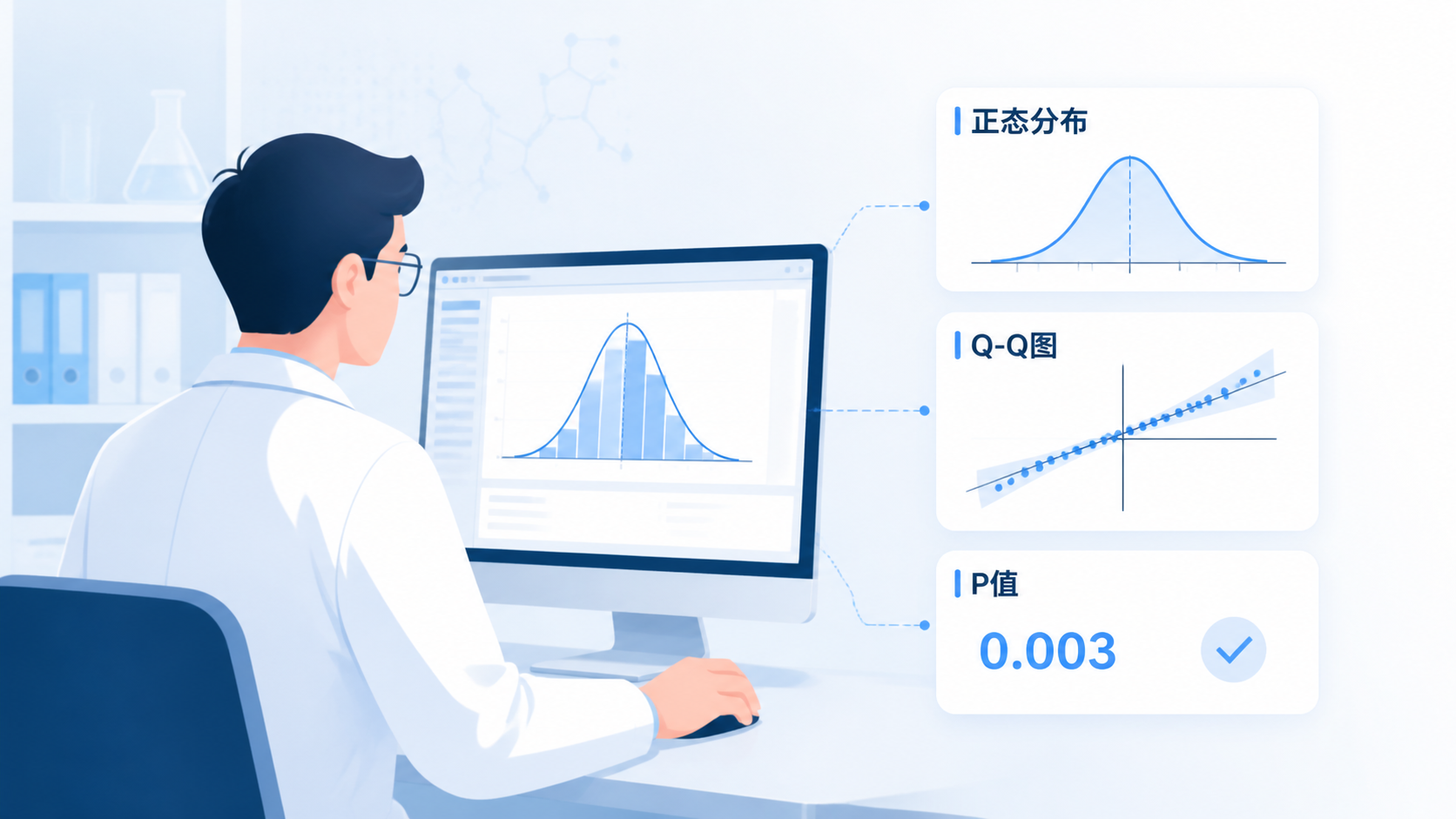科研人员在电脑前查看统计软件输出，旁边展示正态分布曲线、Q-Q图和P值结果的对比界面