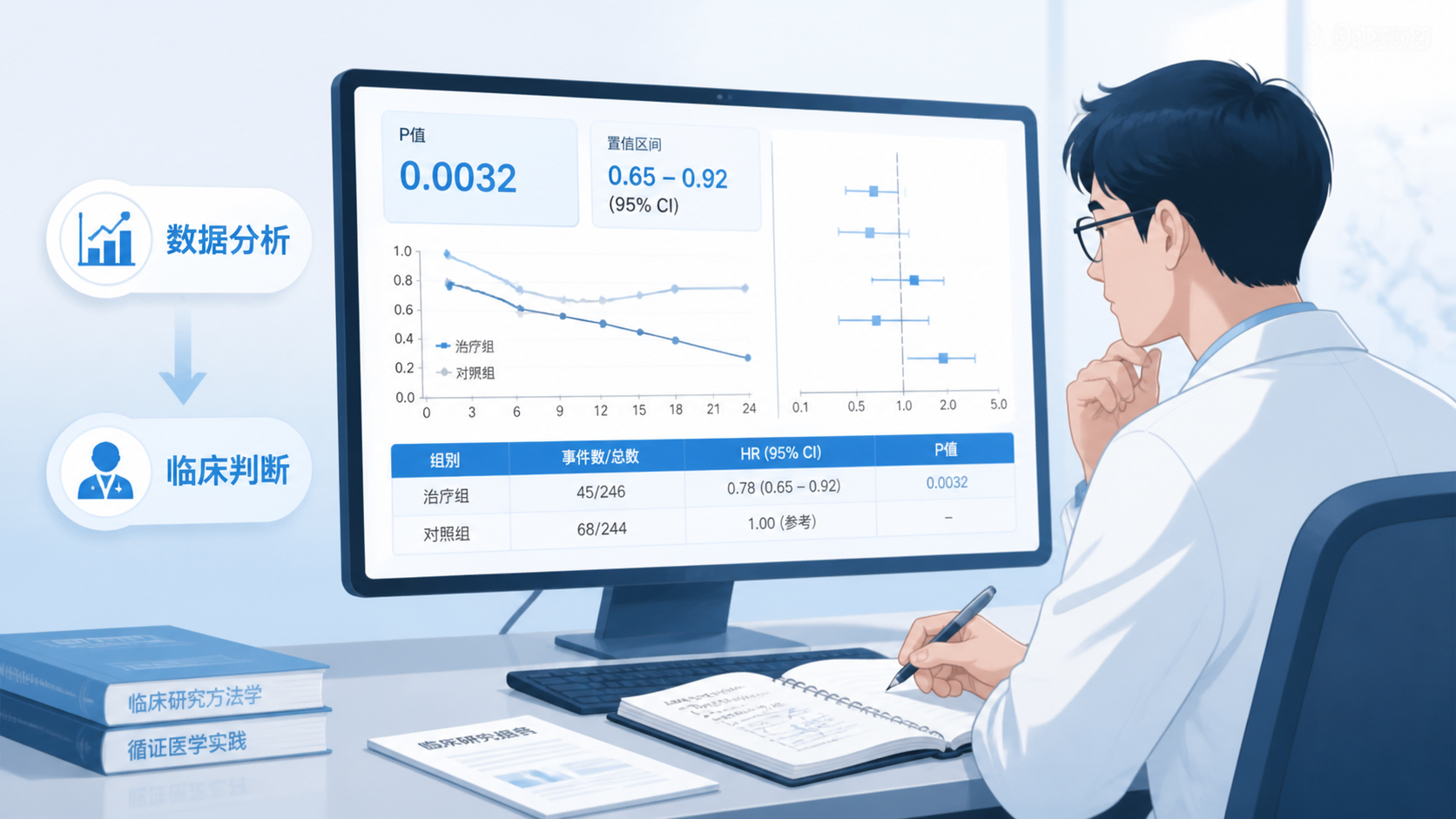 临床研究场景中，研究者在电脑前查看P值、置信区间和图表，强调数据分析与临床判断的关系