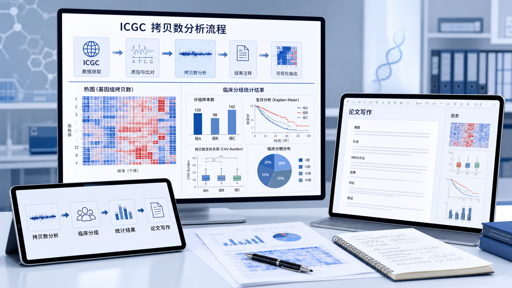 整洁的科研工作台，包含ICGC拷贝数分析流程图、基因组拷贝数热图、临床分组统计结果和论文写作场景