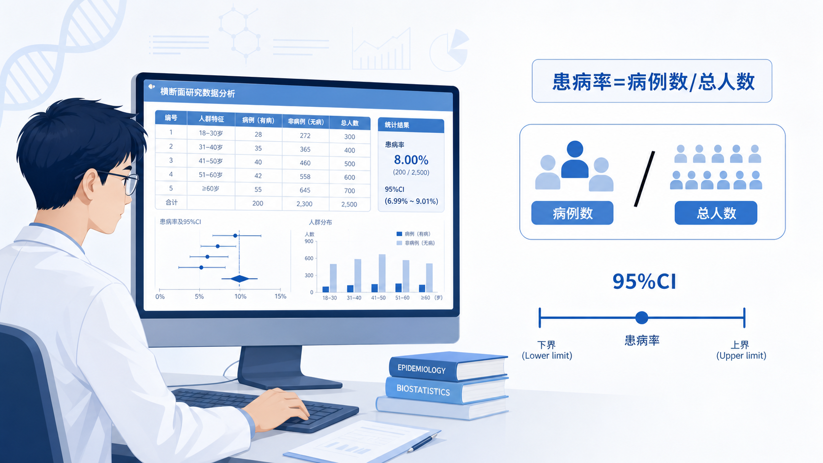 医学生在电脑前查看横断面研究数据表，旁边展示“患病率=病例数/总人数”和95%CI的示意图，风格专业简洁。