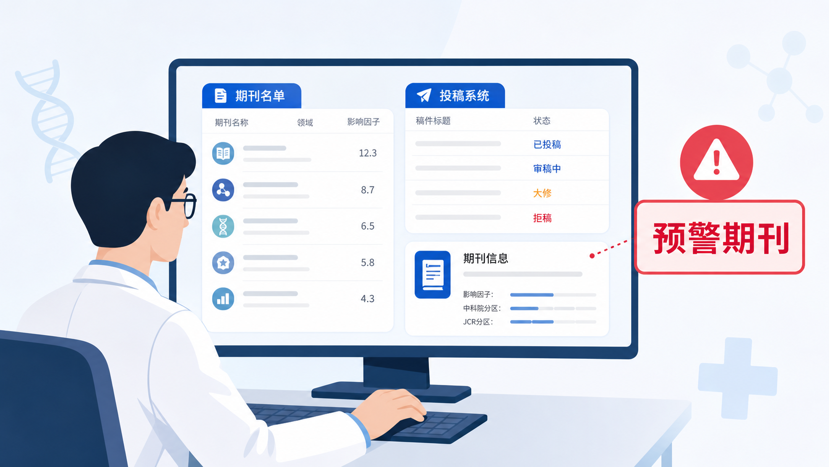 科研人员在电脑前查看期刊名单与投稿系统,旁边有“预警期刊”提示标识,画面简洁专业。