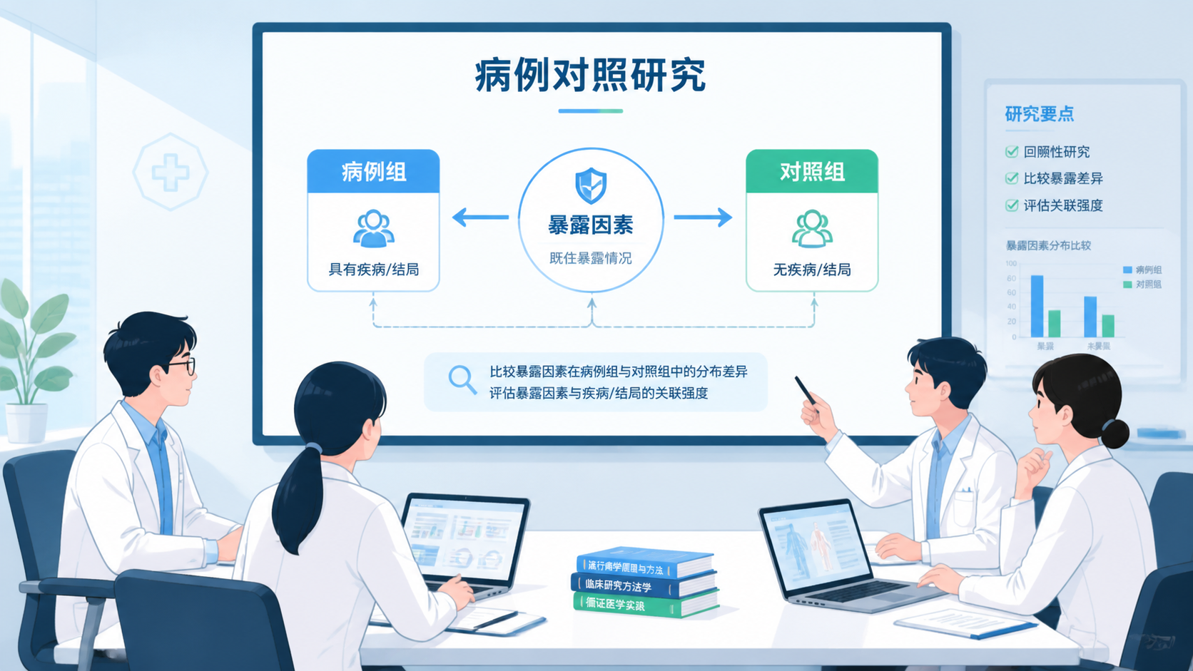 医学生在会议室中讨论病例与对照分组，屏幕上显示病例对照研究流程图，突出“病例组、对照组、暴露因素”