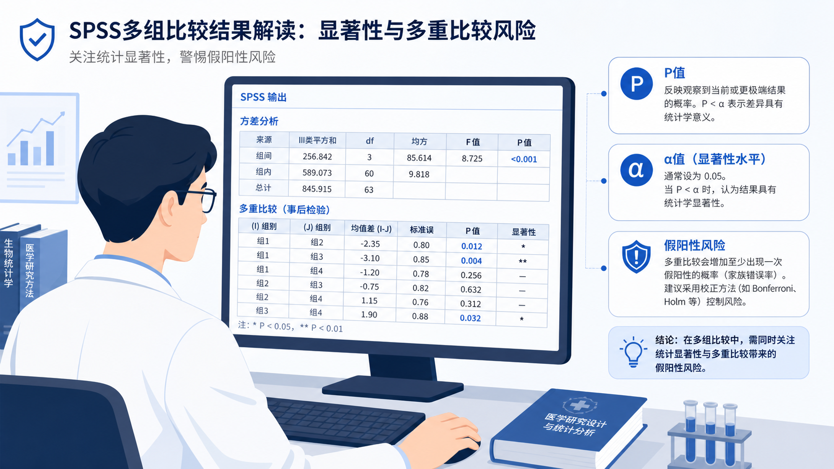 科研人员在电脑前查看SPSS多组比较结果，旁边标出P值、α值和“假阳性风险”提示
