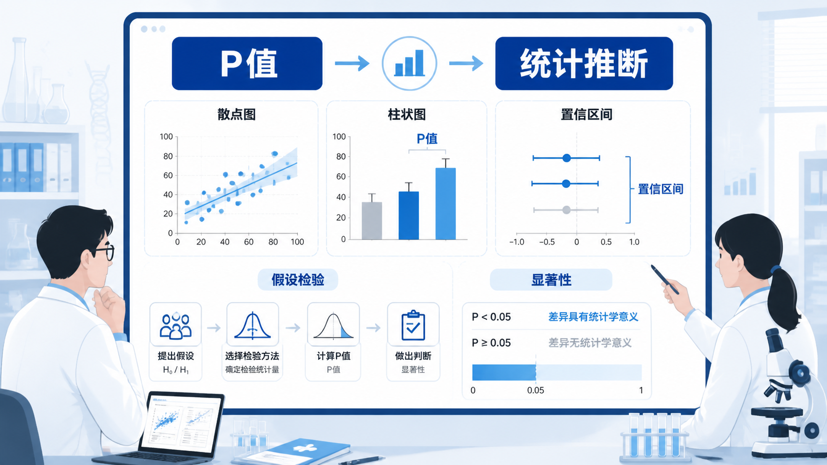 医学研究场景图，突出“P值”与“统计推断”