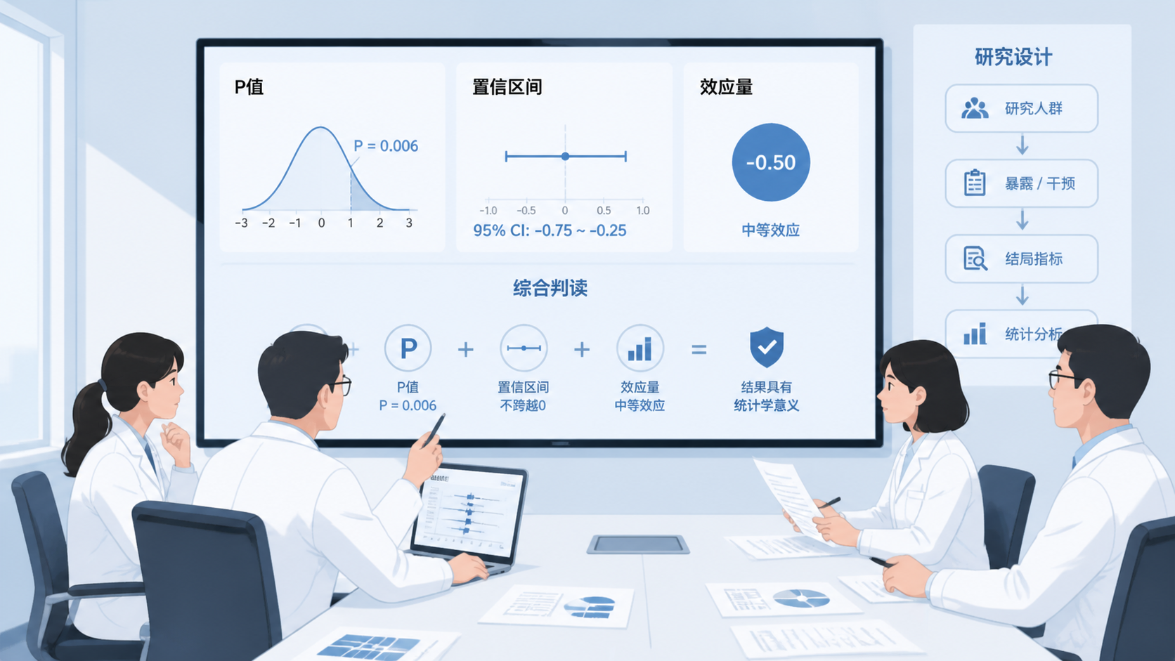 科研人员在会议室中查看论文图表，画面同时展示P值、置信区间、效应量和研究设计流程图，体现“综合判断而非单看P值”的主题