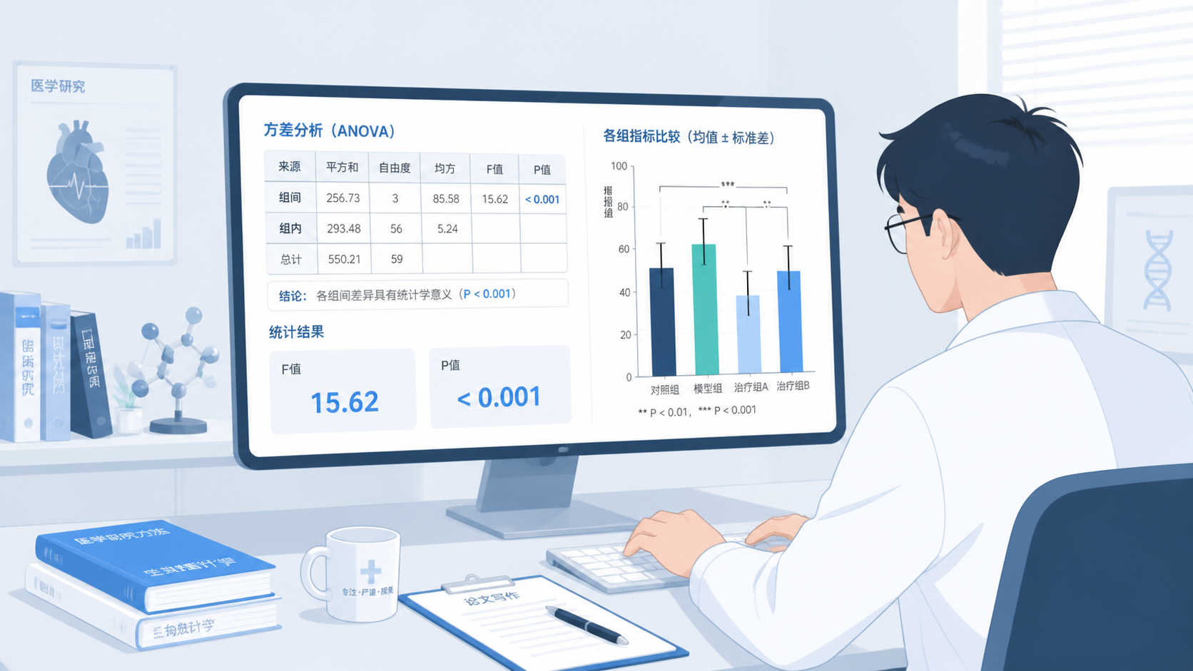 科研论文写作场景，屏幕上显示方差分析表格、F值、P值和多组柱状图