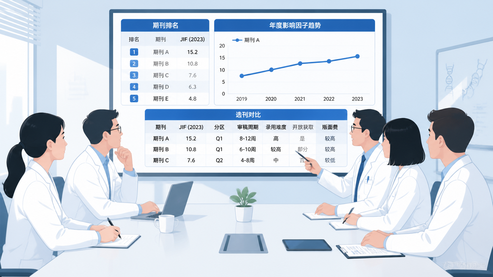 科研团队讨论投稿策略，屏幕上显示期刊排名、年度影响因子趋势图和选刊对比表，画面专业简洁