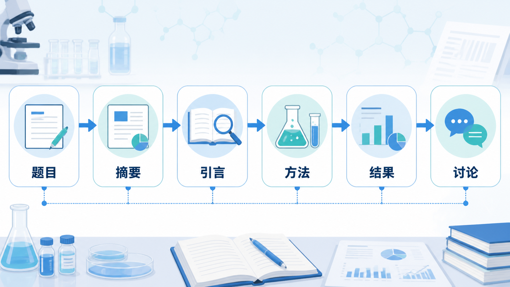 一张医学科研写作流程图，展示题目、摘要、引言、方法、结果、讨论六部分的逻辑关系，背景为实验室与文献检索场景