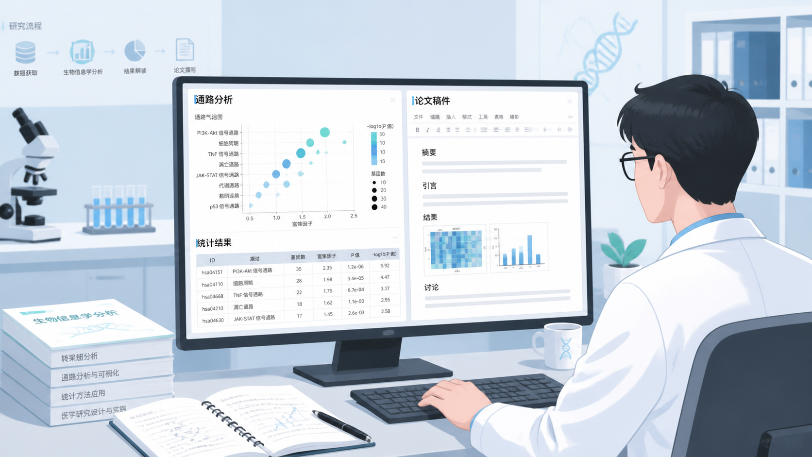 研究人员在电脑前整理分析结果，屏幕显示通路气泡图、统计表和论文稿件，体现从计算到写作的一体化流程。