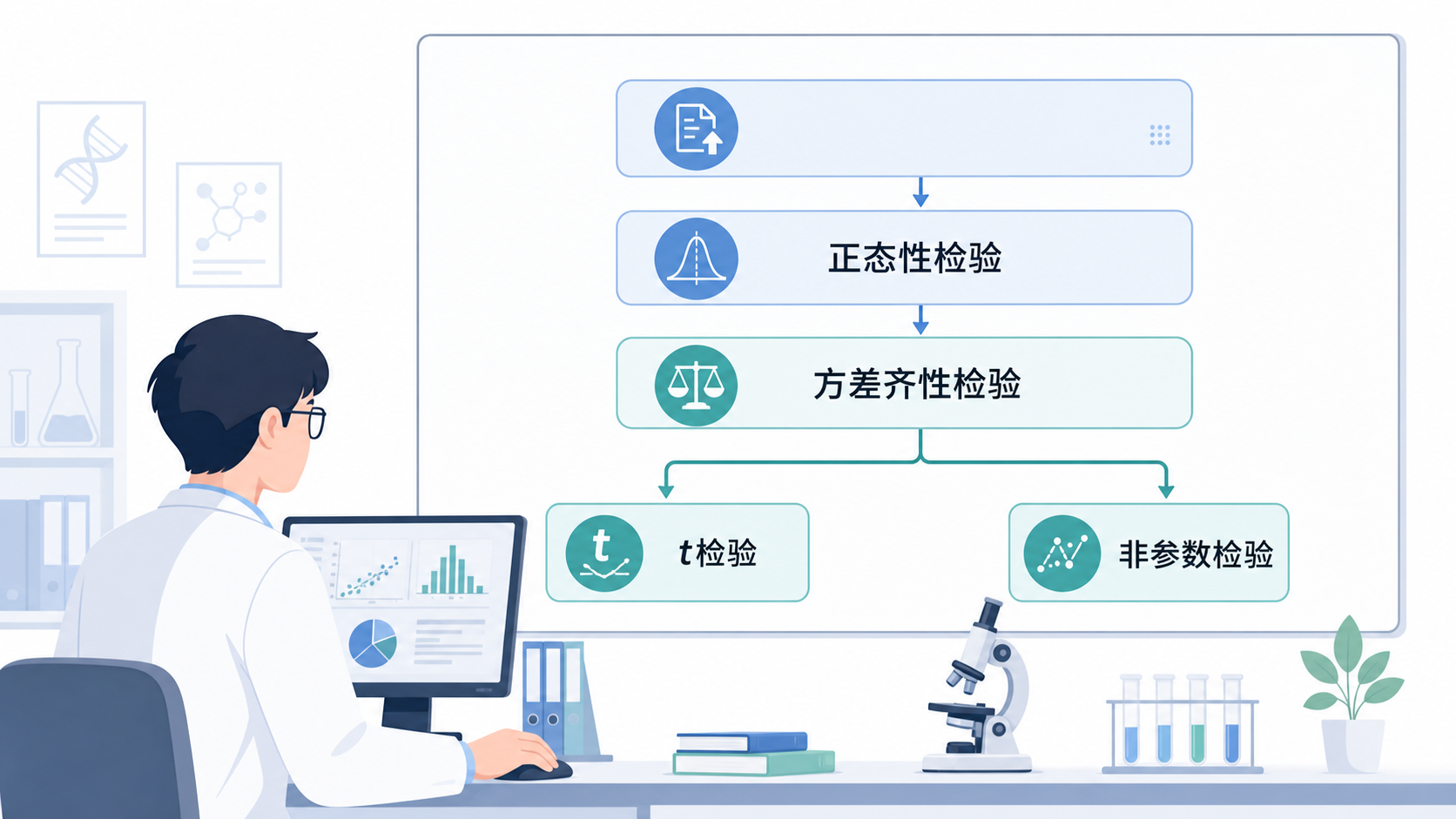 科研人员整理统计分析流程图，画面包含正态性检验、方差齐性检验、t检验和非参数检验分支