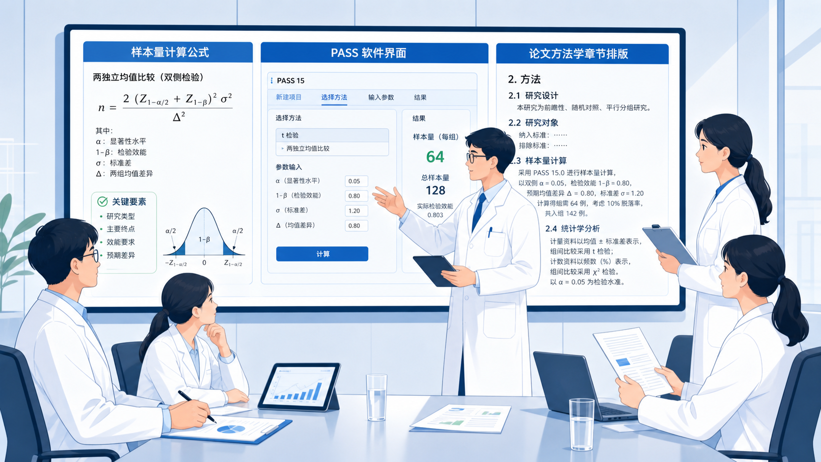 科研团队在讨论研究方案，屏幕上展示样本量计算公式、PASS软件界面和论文方法学章节