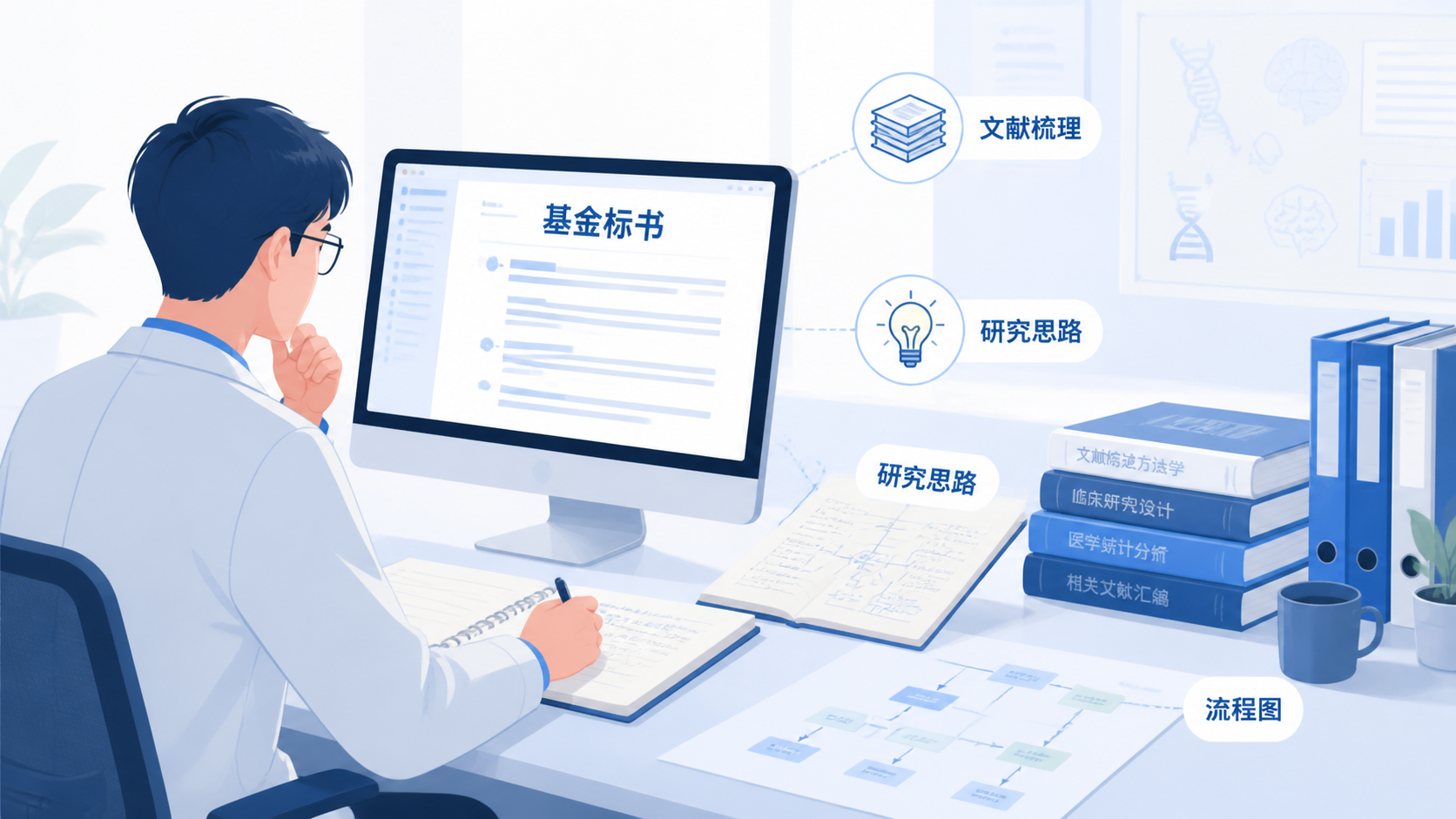 科研人员在电脑前梳理基金标书结构，旁边有文献、流程图和标记清晰的研究思路草稿