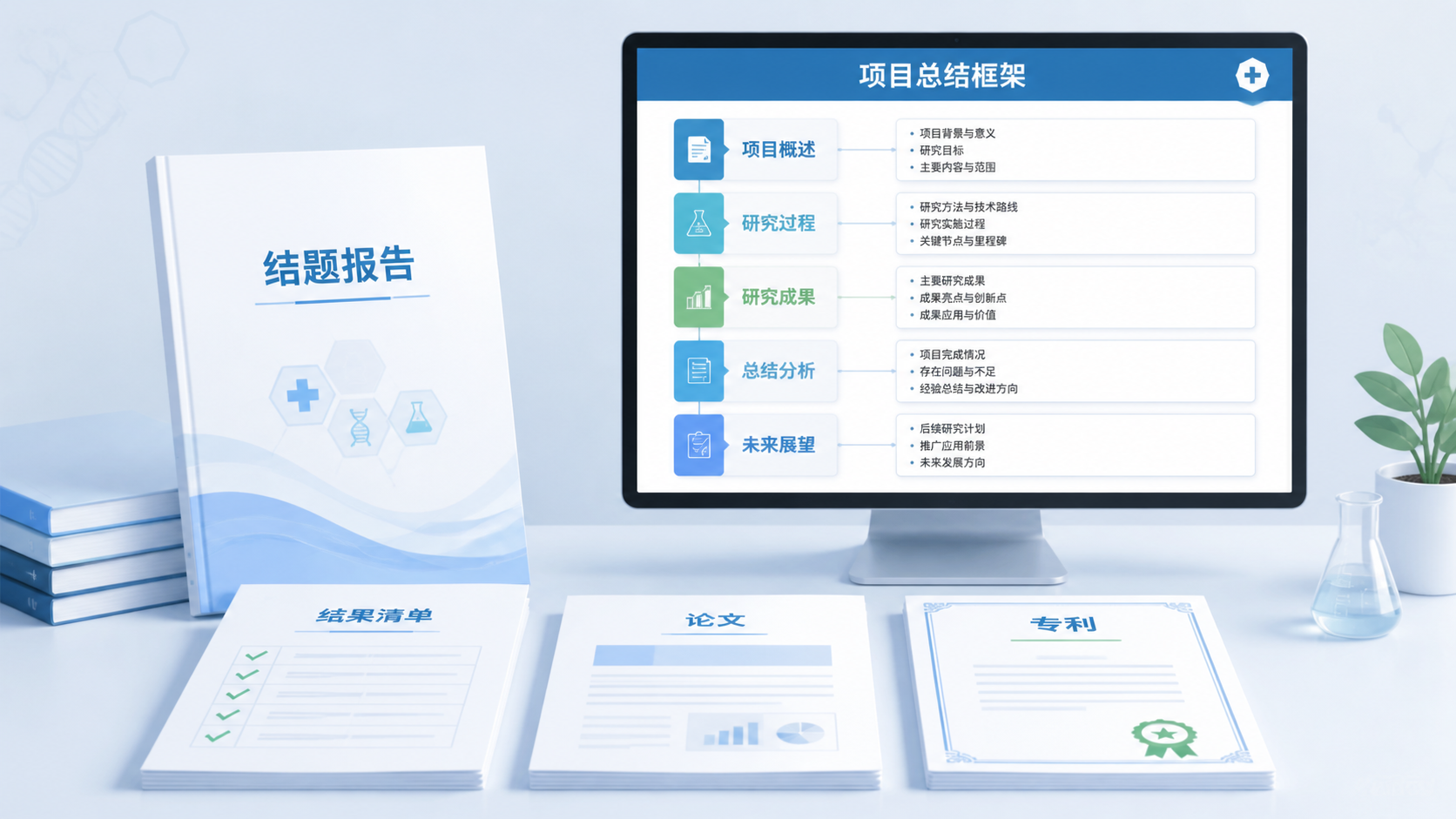 结题报告封面、成果清单、论文和专利文件整齐排版，旁边有电脑屏幕显示项目总结结构框架。