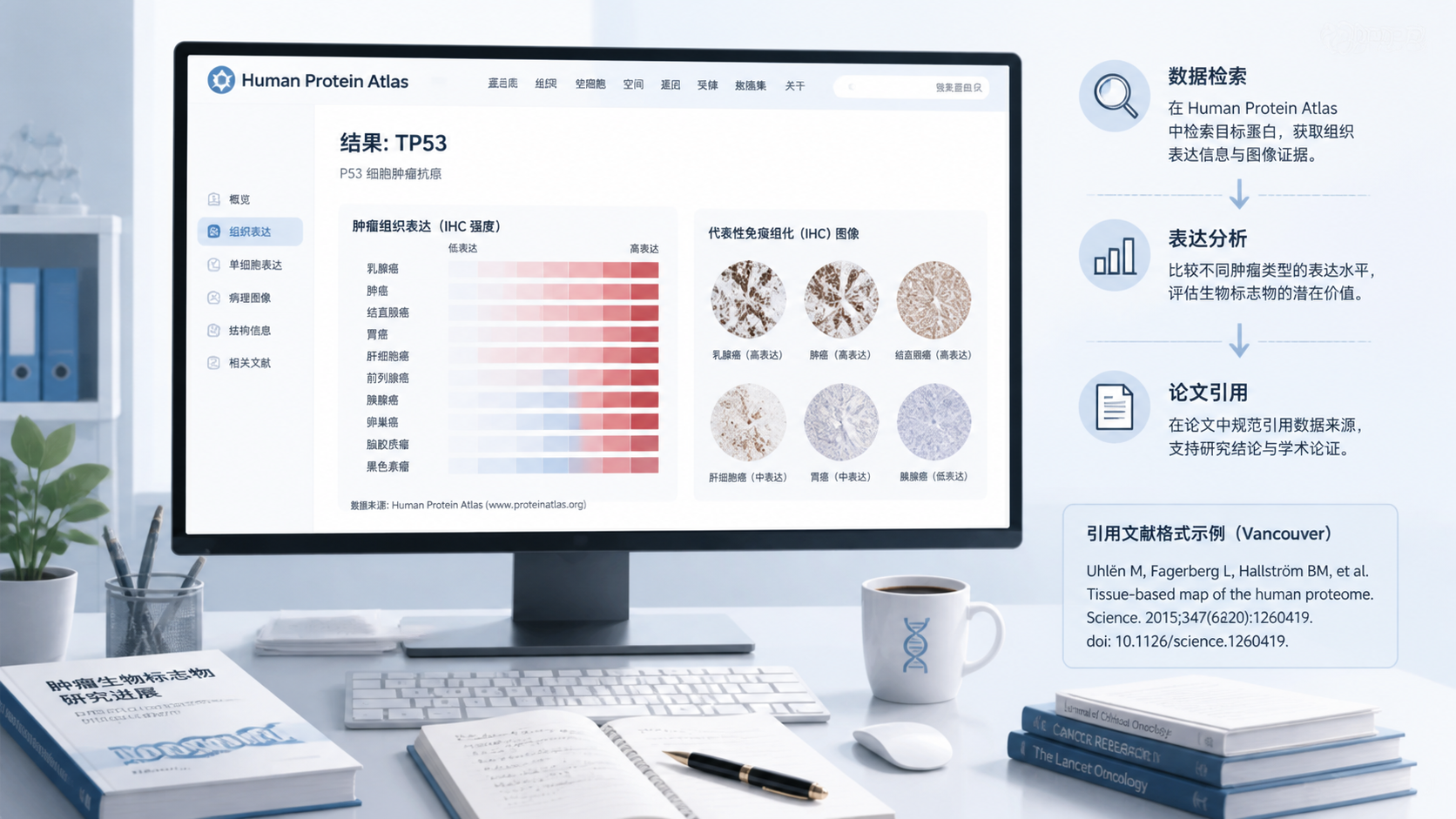 论文写作场景中，屏幕展示Human Protein Atlas结果页、引用文献格式和肿瘤组织表达图，旁边放有实验记录本