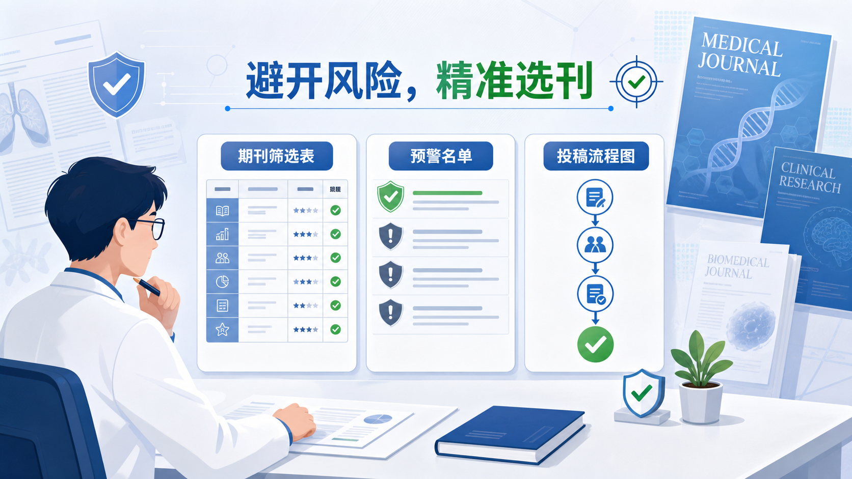 科研人员对照期刊筛选表、预警名单和投稿流程图，背景是医学论文与期刊封面，突出“避开风险、精准选刊”的主题。