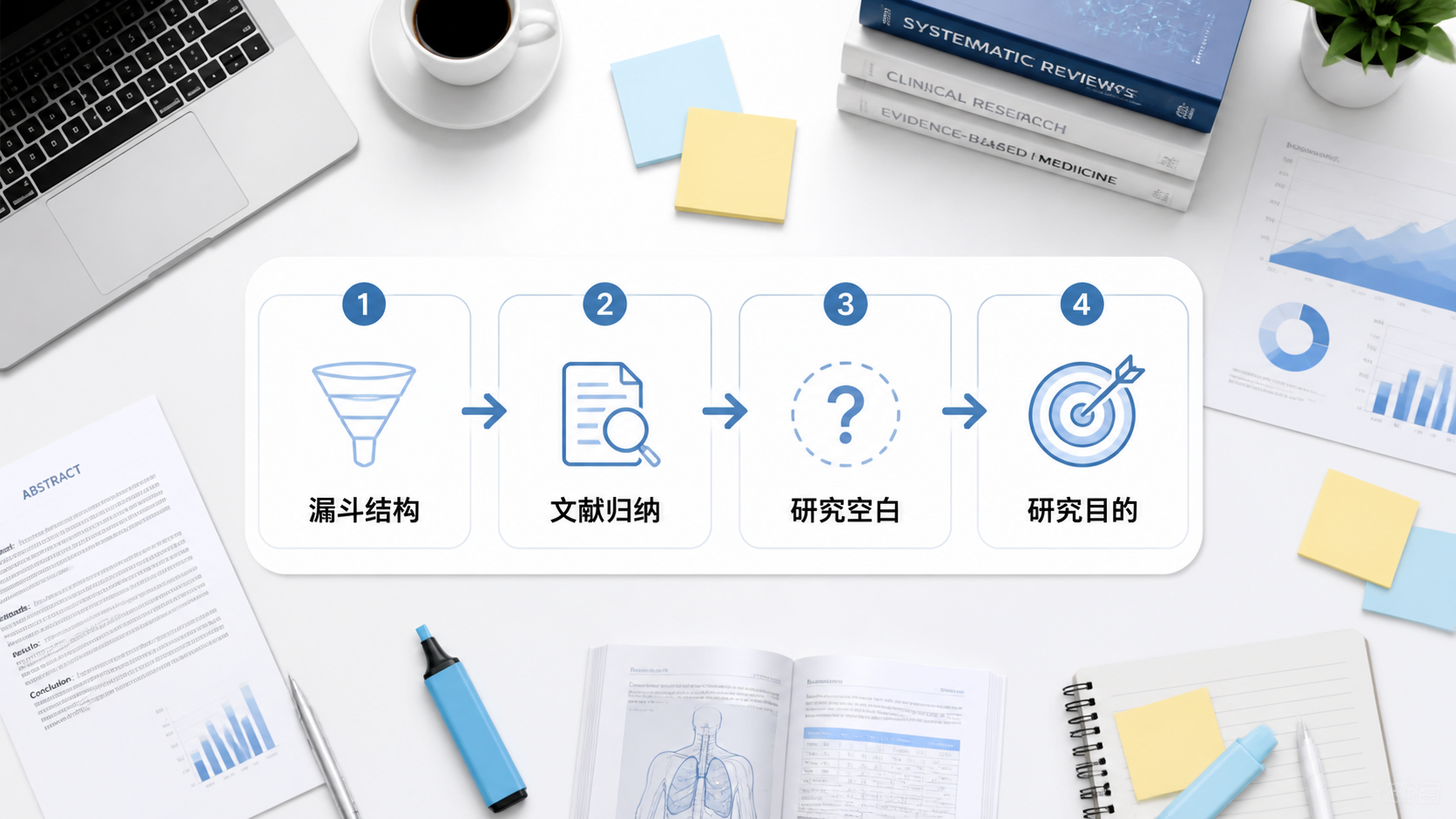 论文写作桌面场景，显示“漏斗结构、文献归纳、研究空白、研究目的”四步流程图