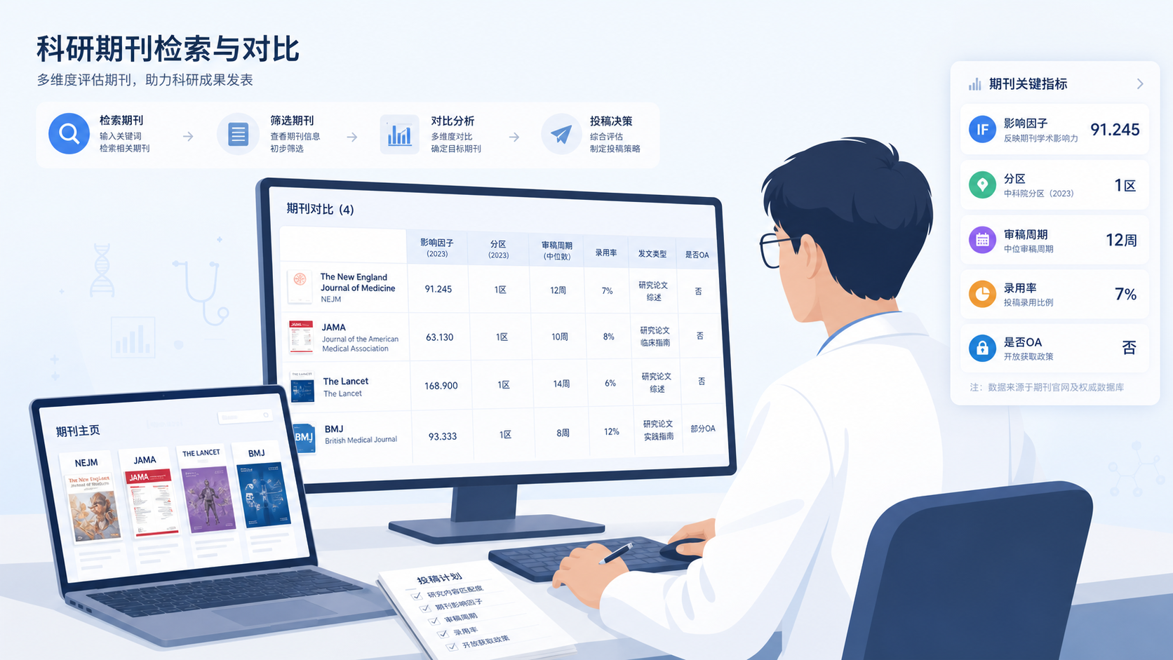 科研人员在电脑前对比多个期刊官网信息,旁边有影响因子、分区、审稿周期等数据面板。