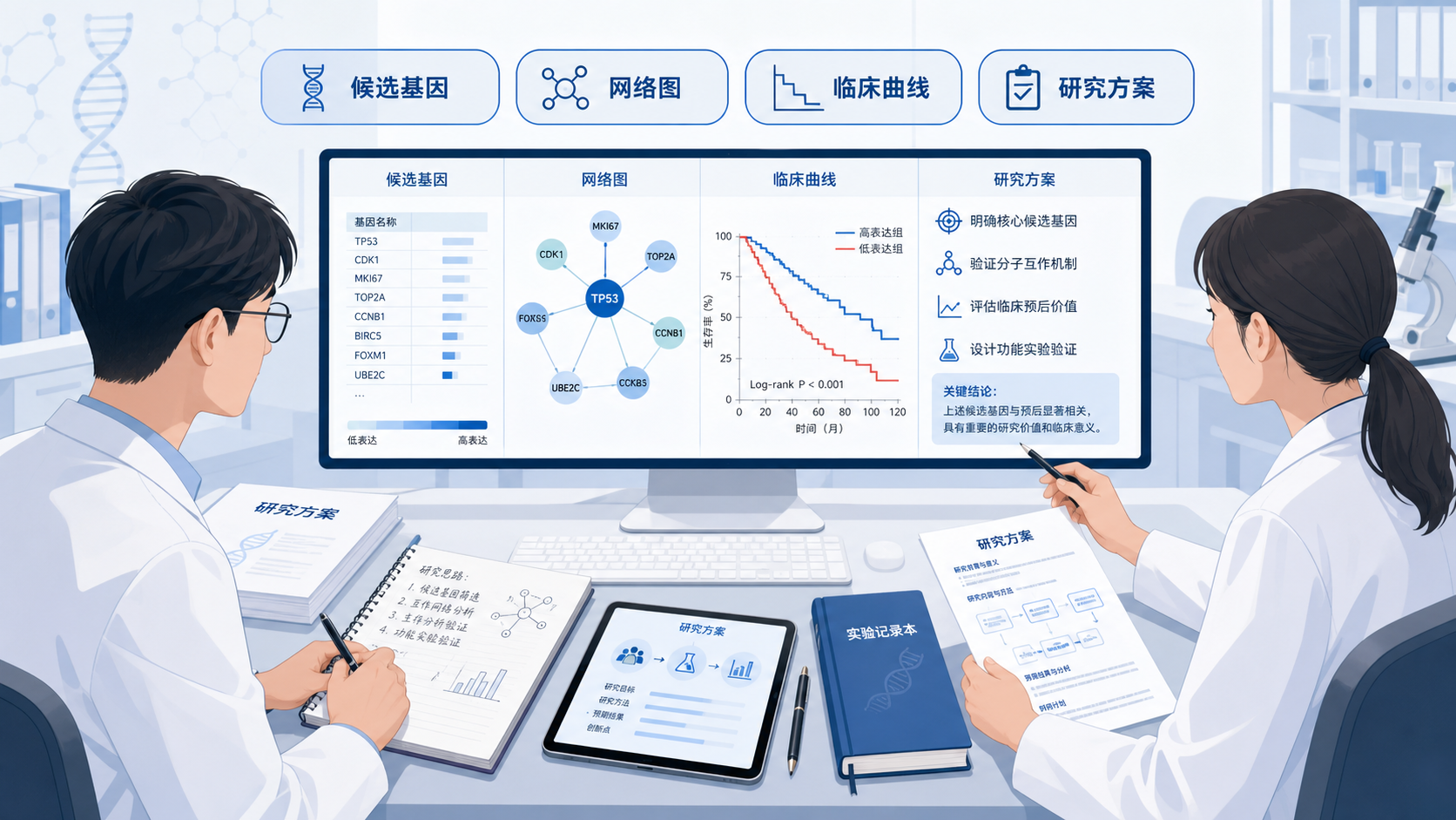 科研人员将在线生信分析平台输出的候选基因、网络图和临床曲线整理成研究方案，桌面上有论文和实验记录本。