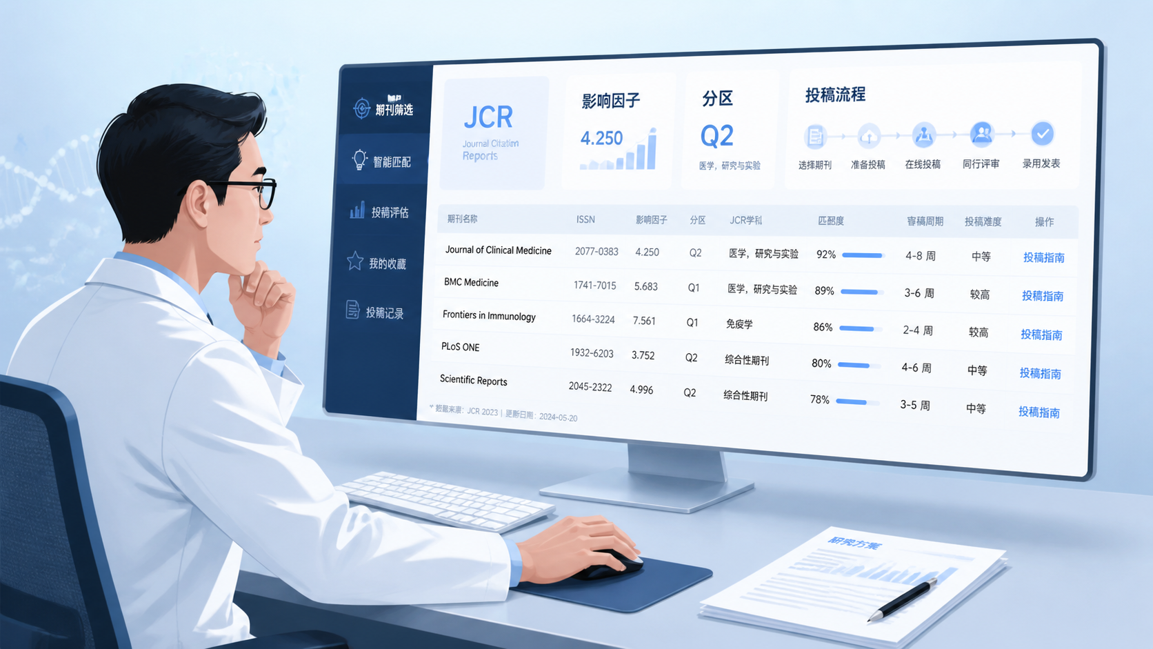 医生在电脑前对比多个SCI期刊列表，屏幕显示JCR、影响因子、分区和投稿流程，体现精准选刊与高效投稿