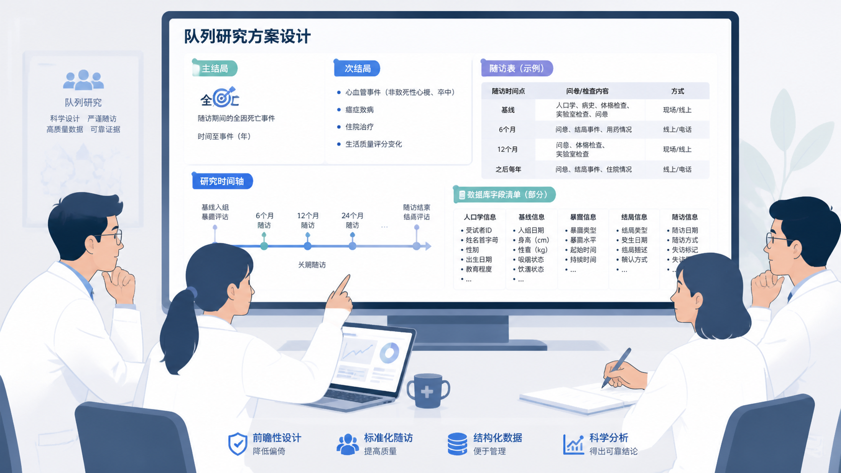 科研团队围绕电脑屏幕讨论队列研究方案，屏幕上显示主结局、次结局、随访表和数据库字段清单