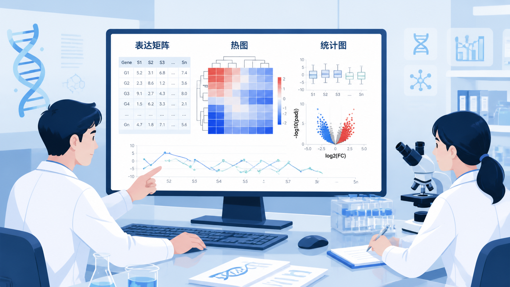 科研人员在显微镜和电脑前分析基因表达热图，画面突出“表达矩阵”数据表与统计图。