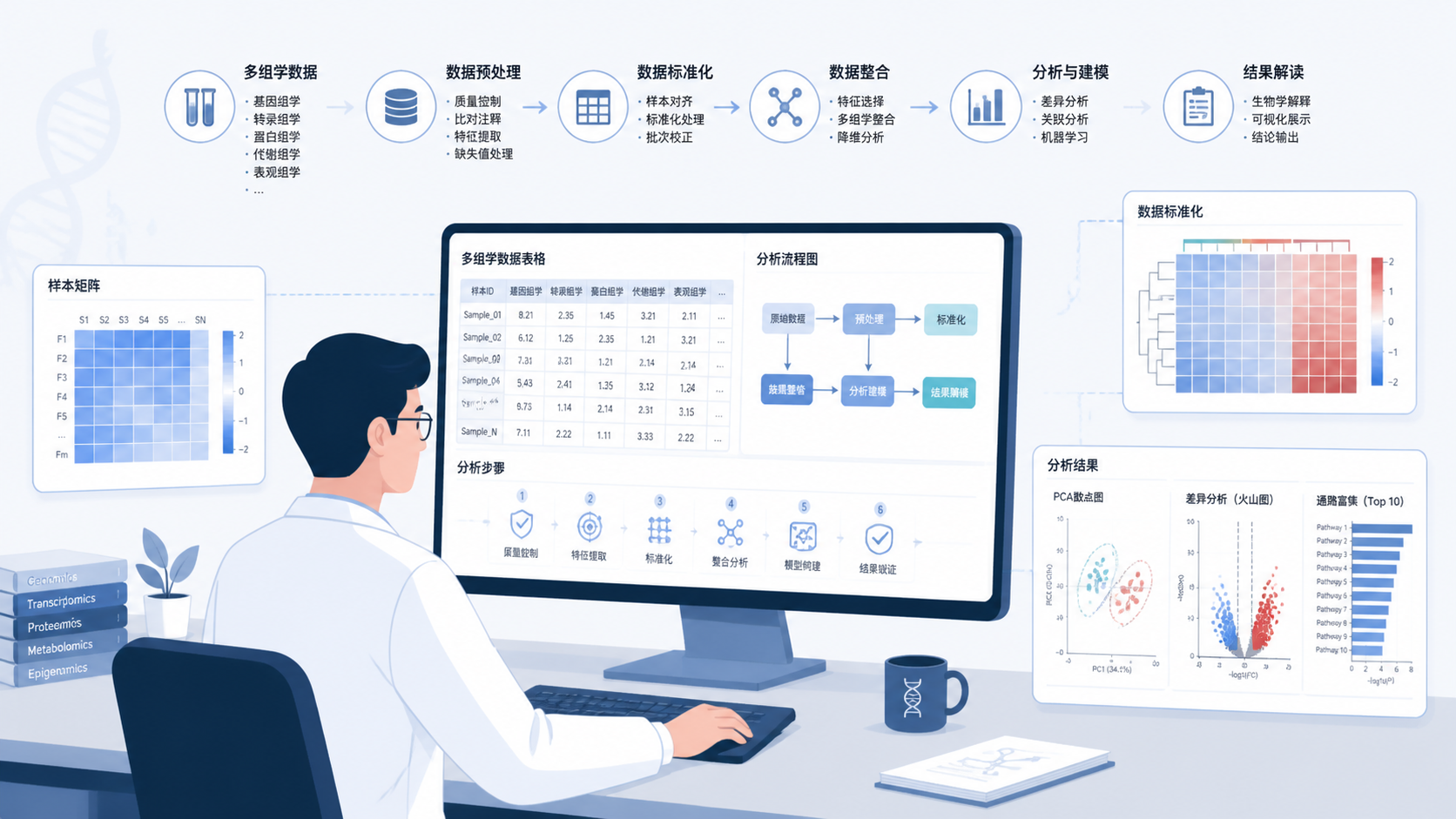 科研人员在电脑前整理多组学数据表格与流程图，旁边展示标准化后的样本矩阵和分析结果图