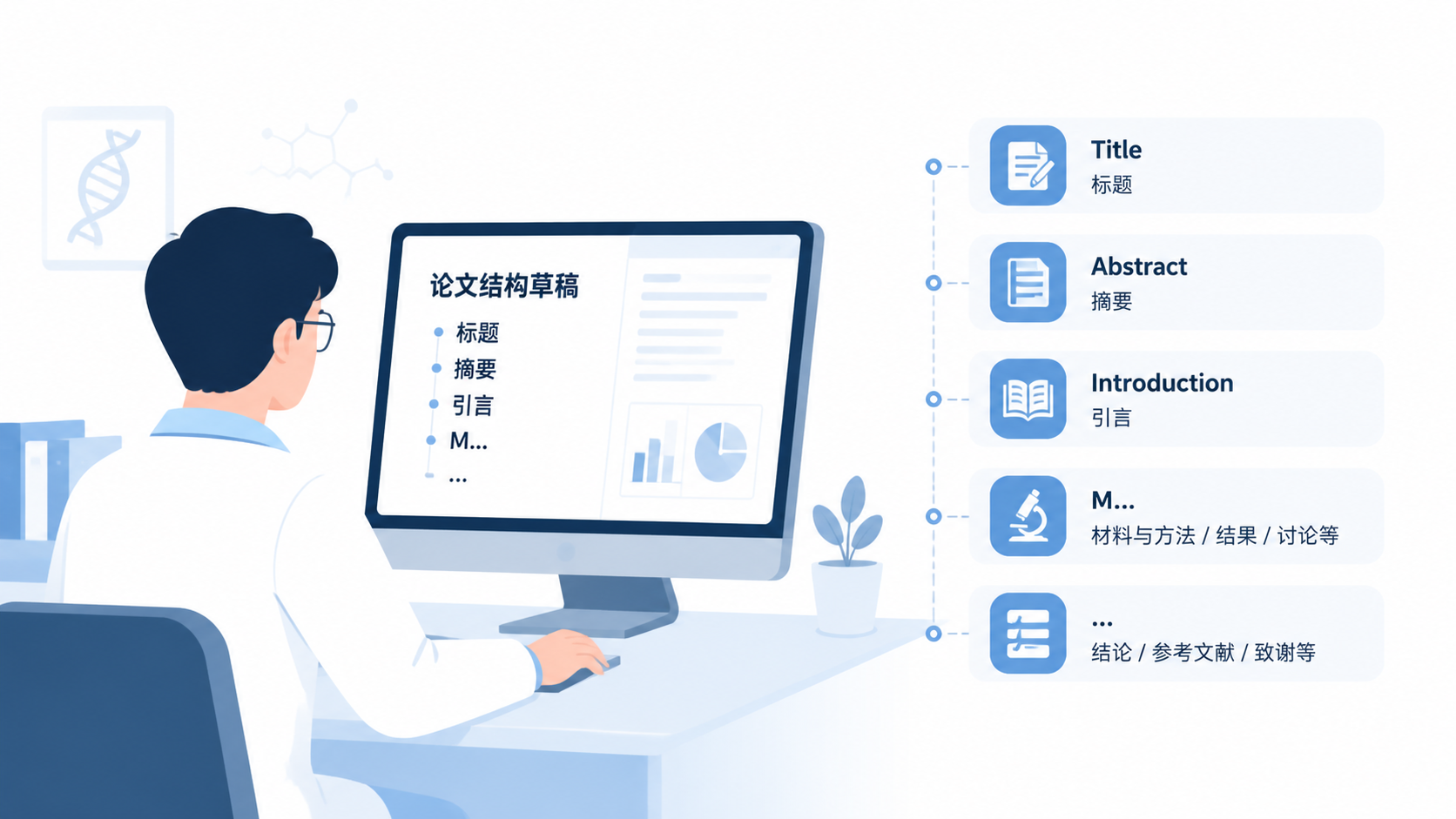 科研人员在电脑前梳理论文框架，旁边展示Title、Abstract、Introduction、Methods、Results、Discussion的结构示意图