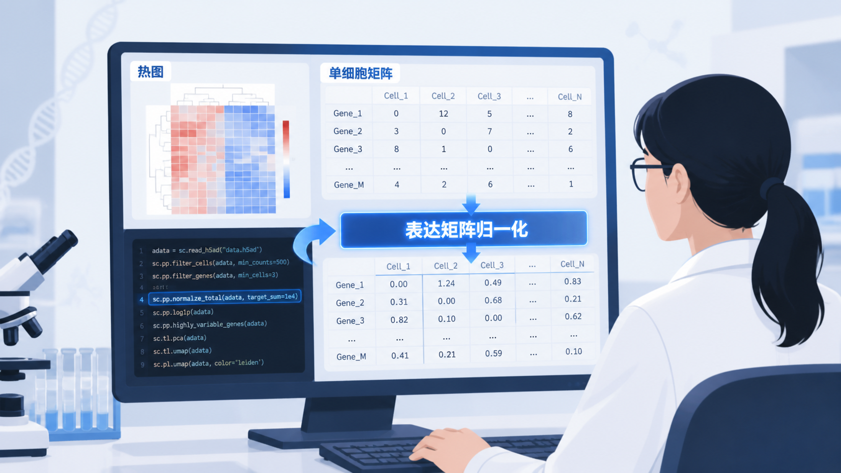 实验室场景中，研究人员在电脑前查看热图、单细胞数据矩阵和代码界面，突出“表达矩阵归一化”的数据处理场景