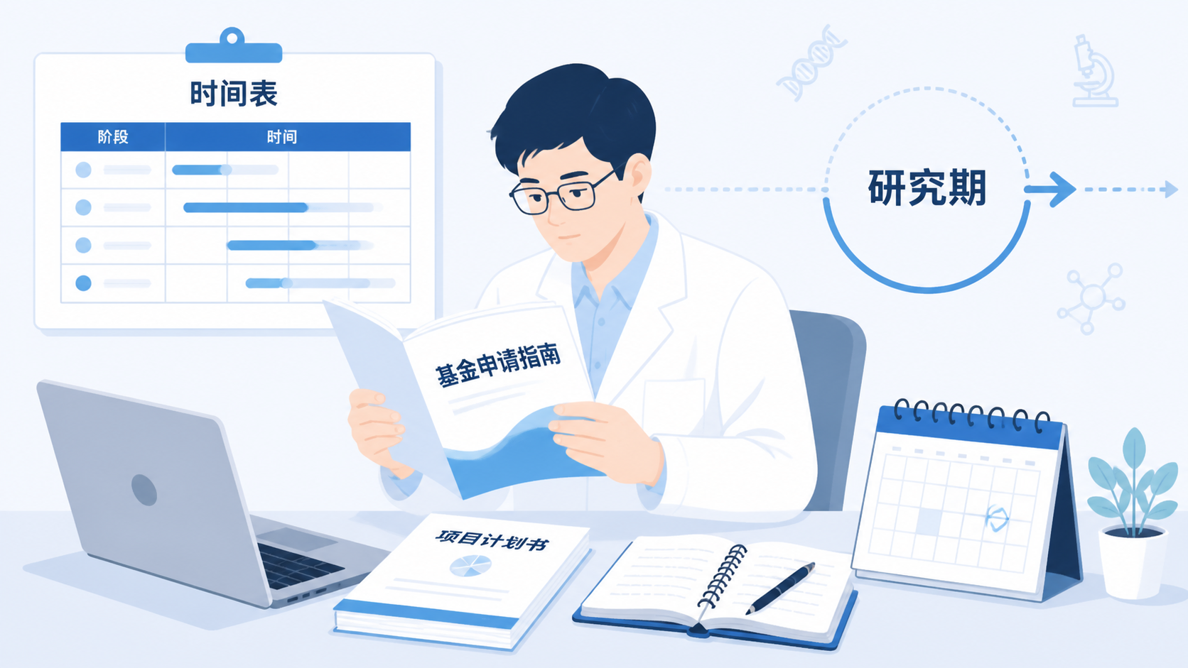 一位科研人员在查看基金申请指南和时间表，桌面上放着项目计划书、日历和笔记本电脑，画面突出“研究期限”和“项目周期”的概念。