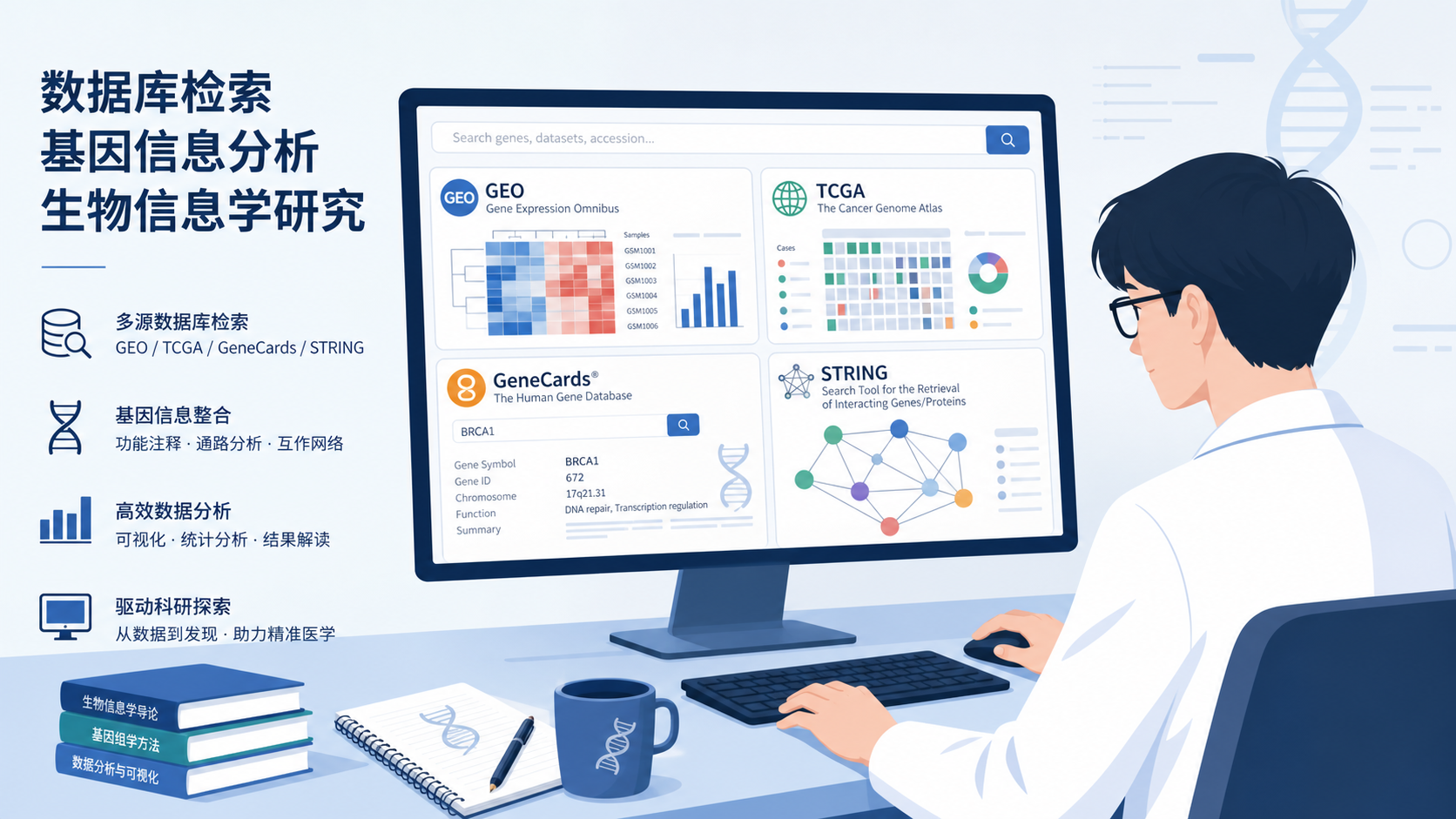 医学生在电脑前检索数据库，屏幕展示GEO、TCGA、GeneCards、STRING等常见生信平台图标