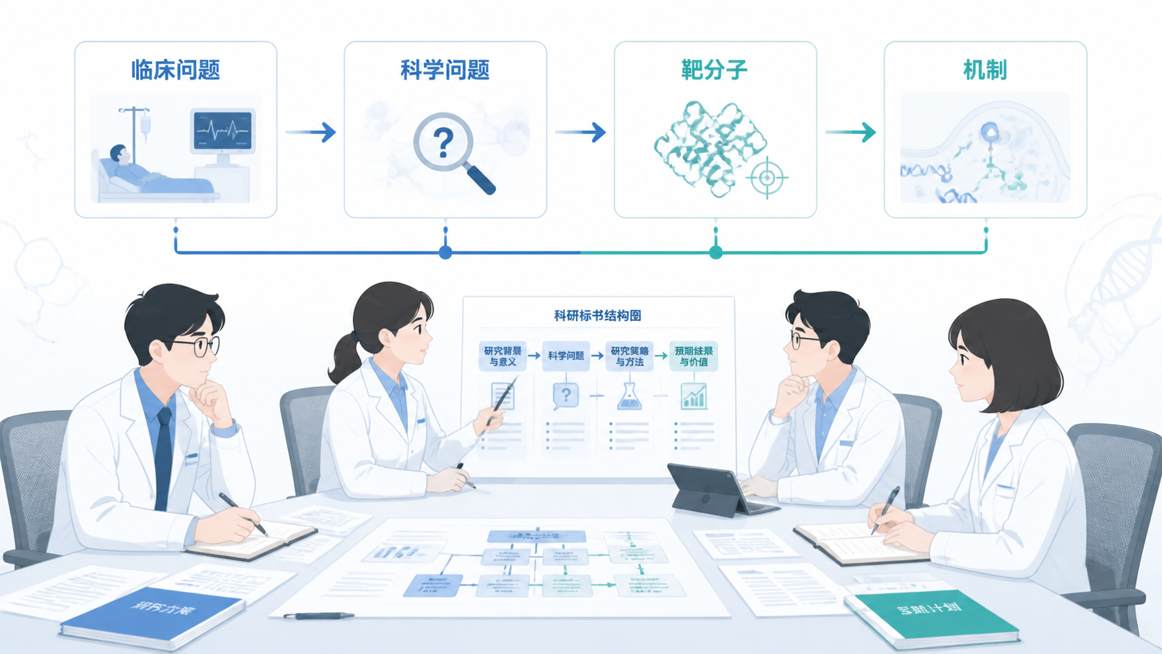 医学生和科研人员围绕标书结构图讨论，背景包含“临床问题、科学问题、靶分子、机制”四要素示意图，突出国自然申报场景。
