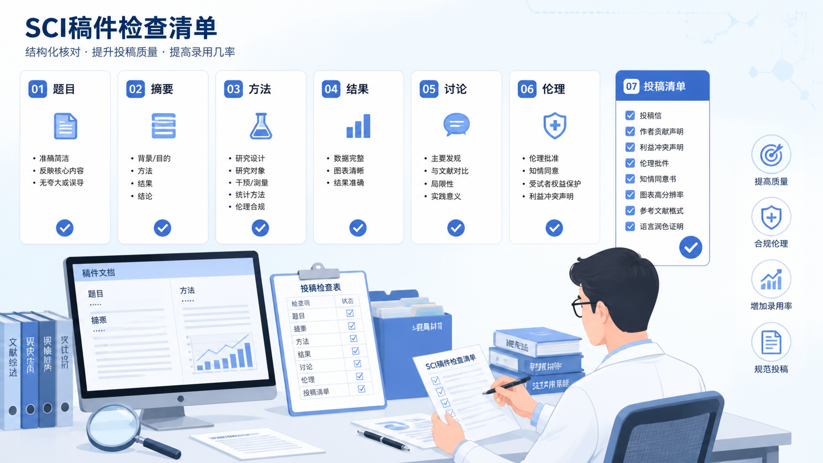 科研人员检查SCI稿件清单，画面包含题目、摘要、方法、结果、讨论、伦理、投稿清单等元素