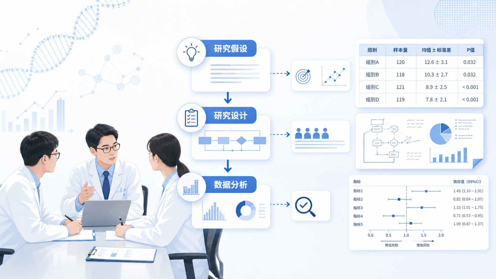 临床医生在讨论研究方案，旁边有统计流程图、数据表和科研设计草图，突出“先假设后分析”的场景。