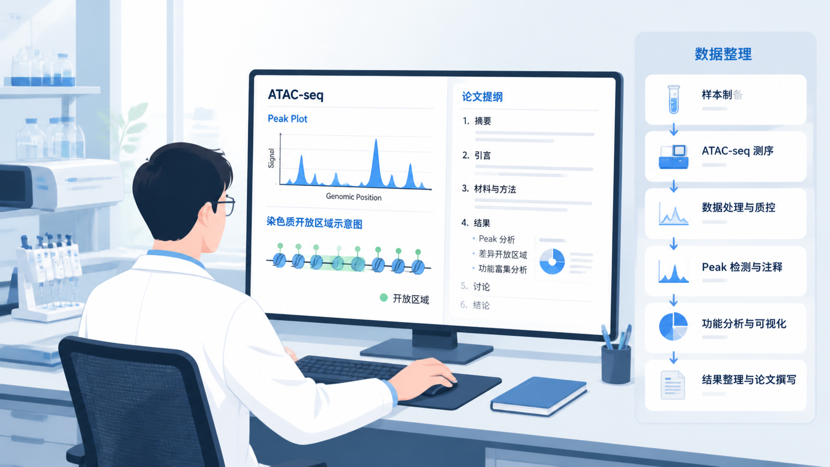 实验室场景中，科研人员在电脑前整理ATAC-seq数据与论文结构，旁边展示测序峰图和写作提纲。
