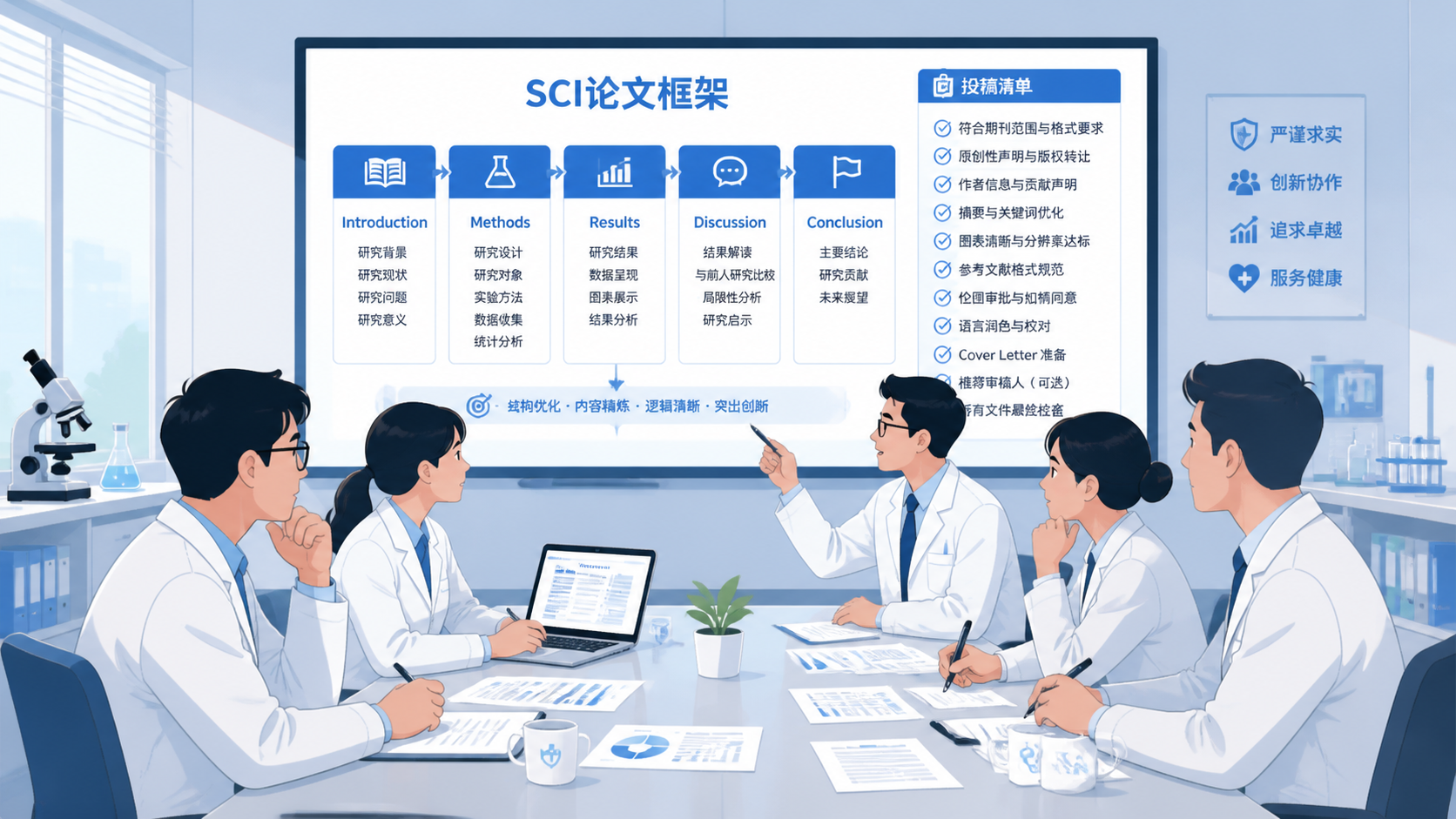 科研团队围绕论文结构图讨论修改方案，屏幕上显示清晰的SCI论文框架与投稿清单