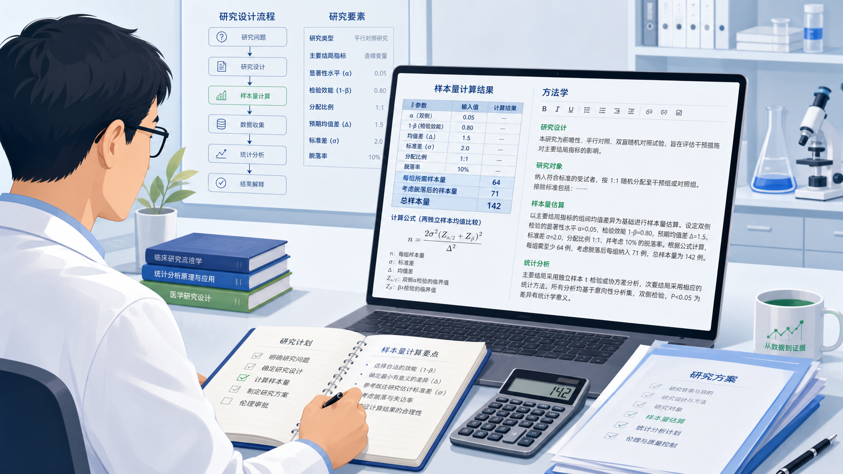 一位科研人员在整理研究方案，电脑屏幕显示样本量计算结果、论文方法学段落