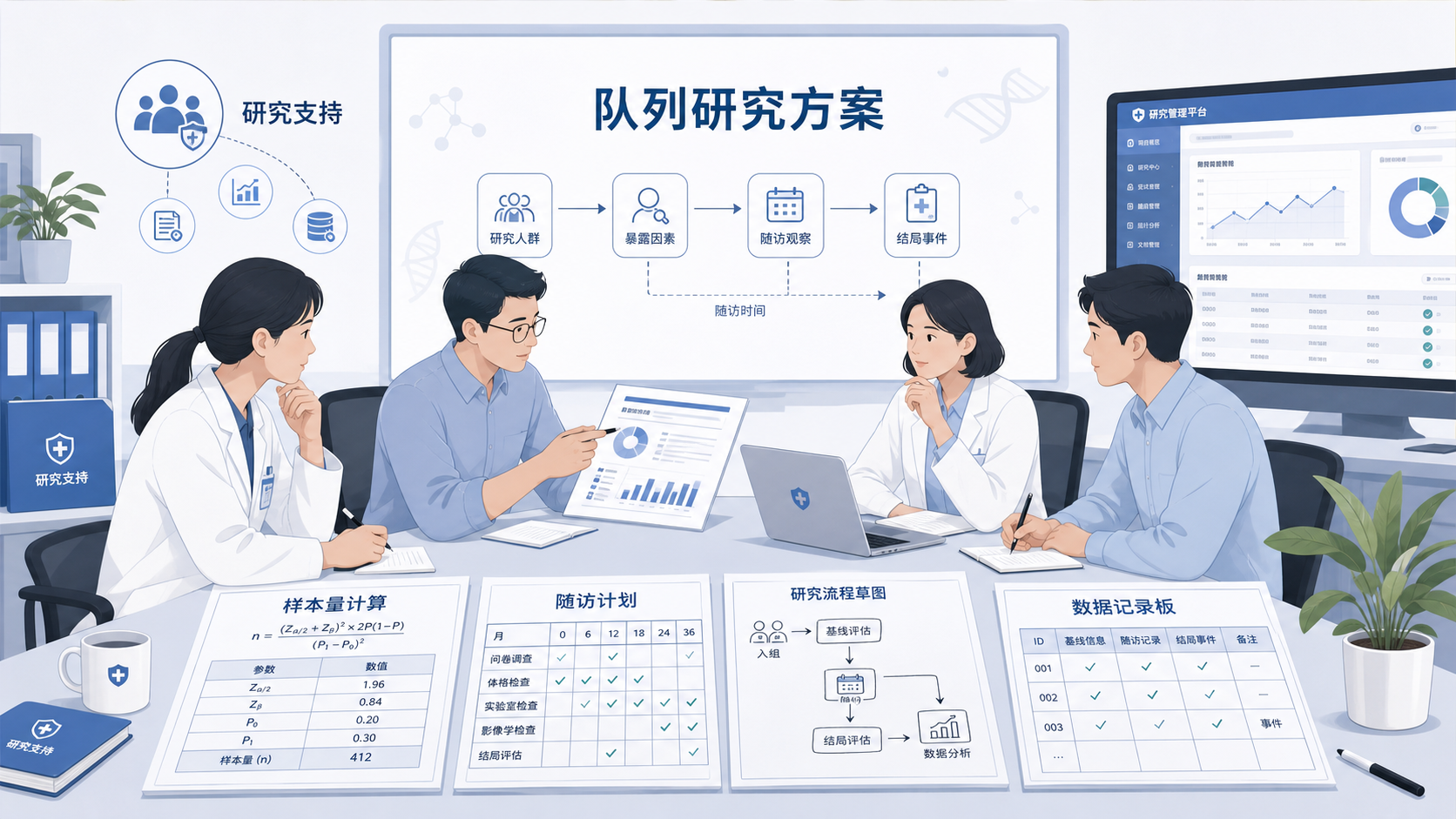 科研团队在会议桌前讨论队列研究方案，画面中有样本量计算表、随访日历和品牌化研究支持场景