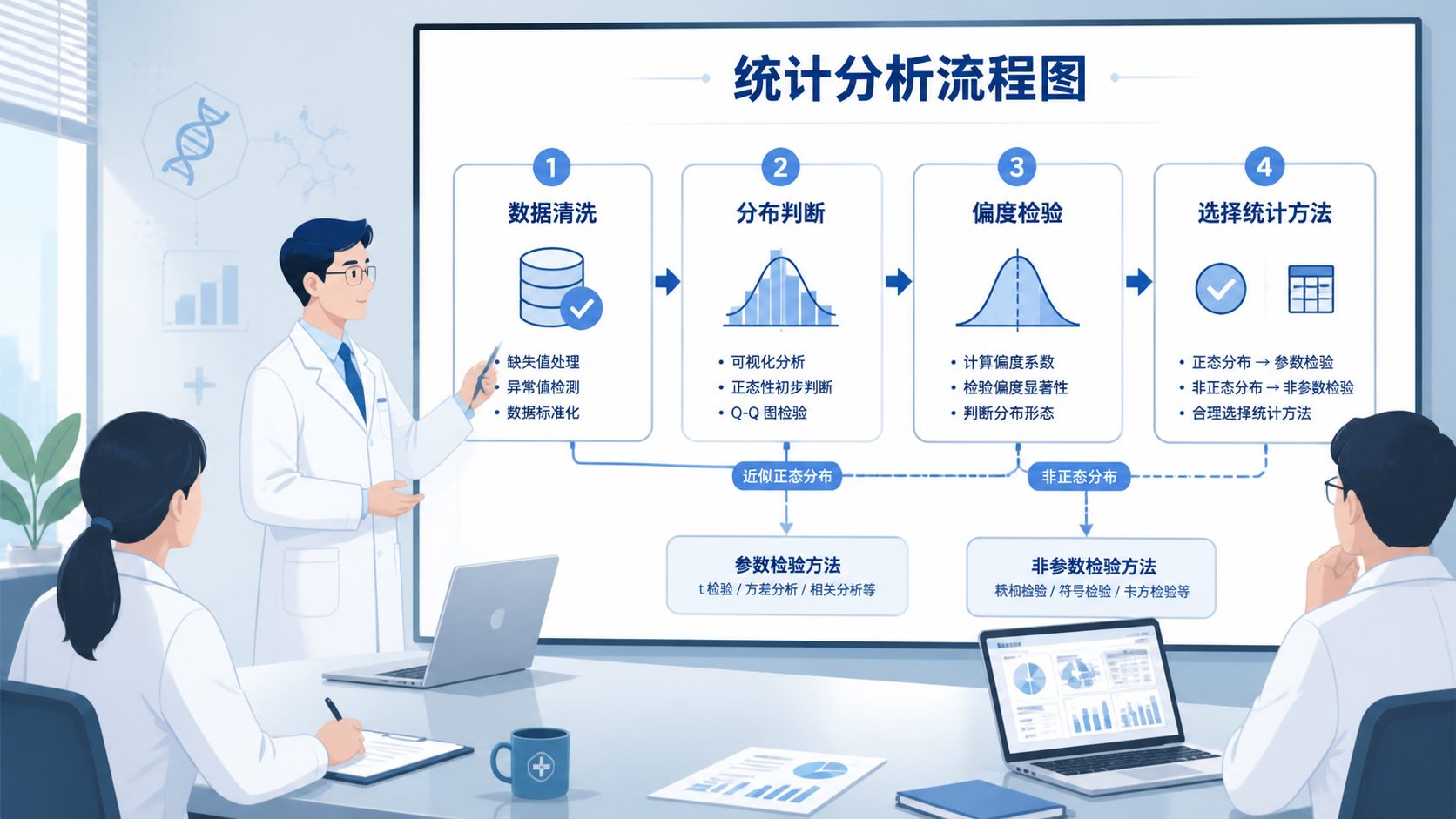 科研人员在会议室展示统计分析流程图，画面包含数据清洗、分布判断、偏度检验、选择统计方法等步骤，强调规范分析与科研支持。