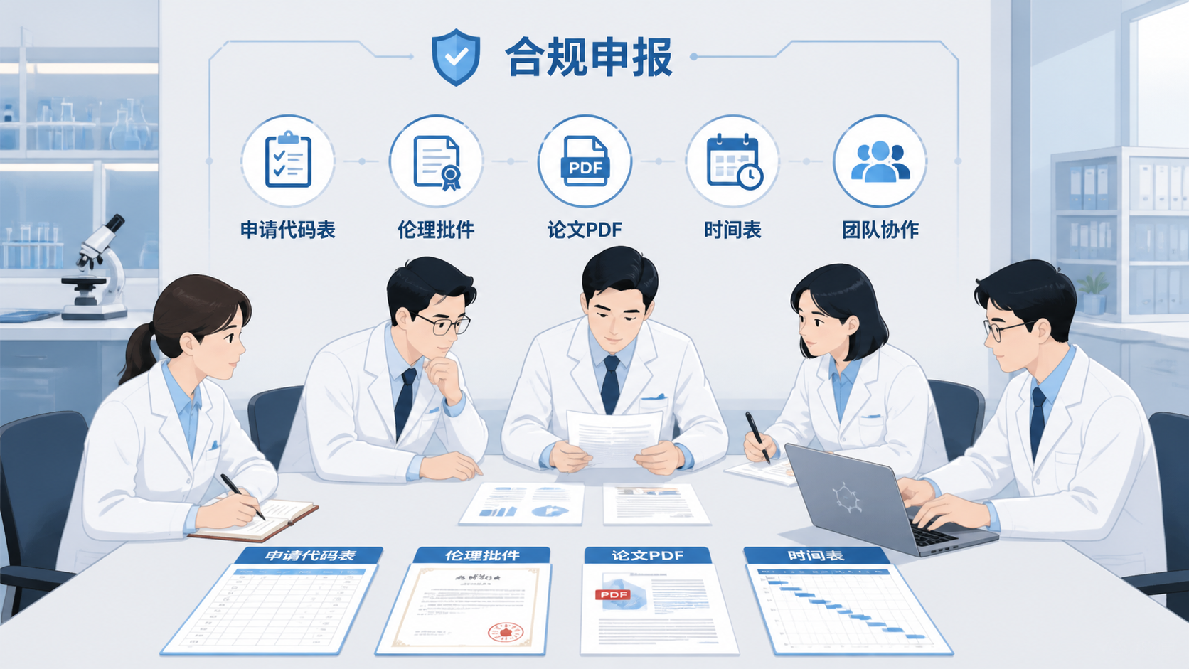 科研团队围绕申报清单讨论，桌面上有申请代码表、伦理批件、论文PDF和时间表，强调“合规申报与团队协作”