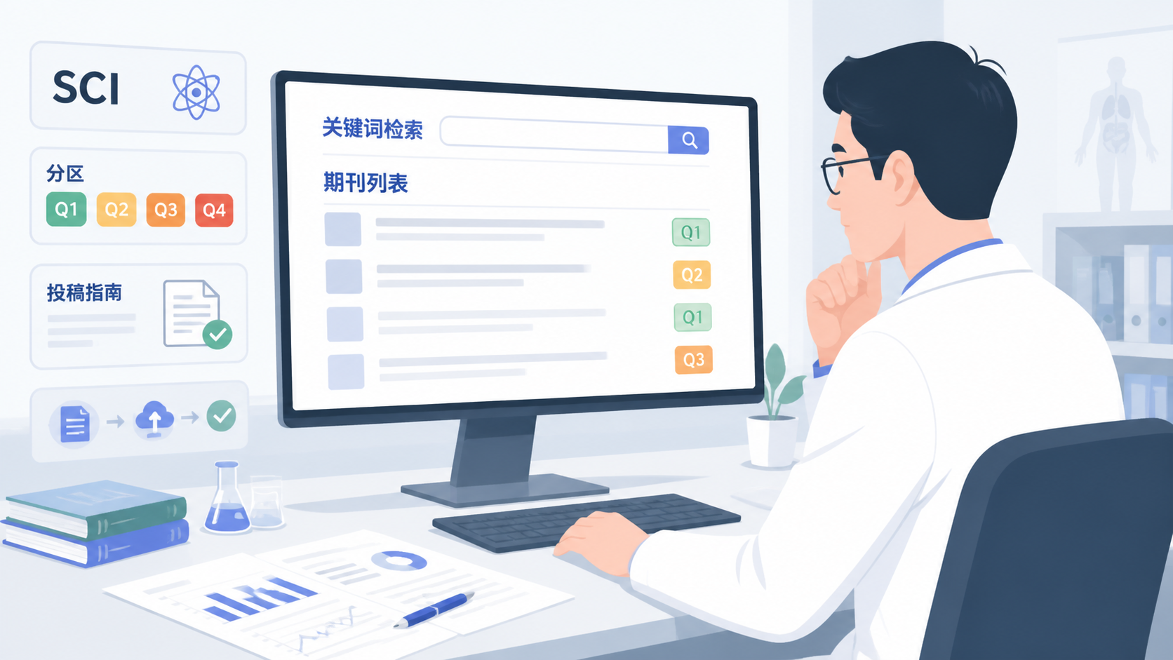 麻醉科医生在电脑前查看SCI期刊列表、分区和投稿指南,旁边有论文图表与关键词检索界面。