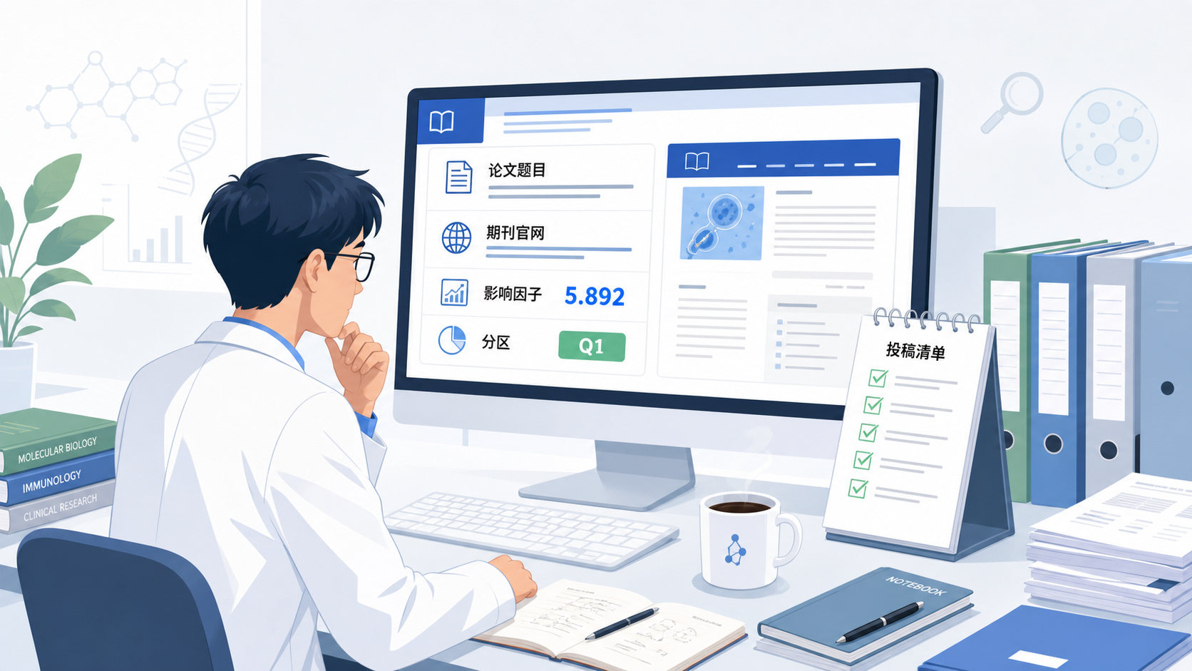 研究者在电脑前对比论文题目、期刊官网、影响因子和分区信息,桌面上有投稿清单和文献资料。
