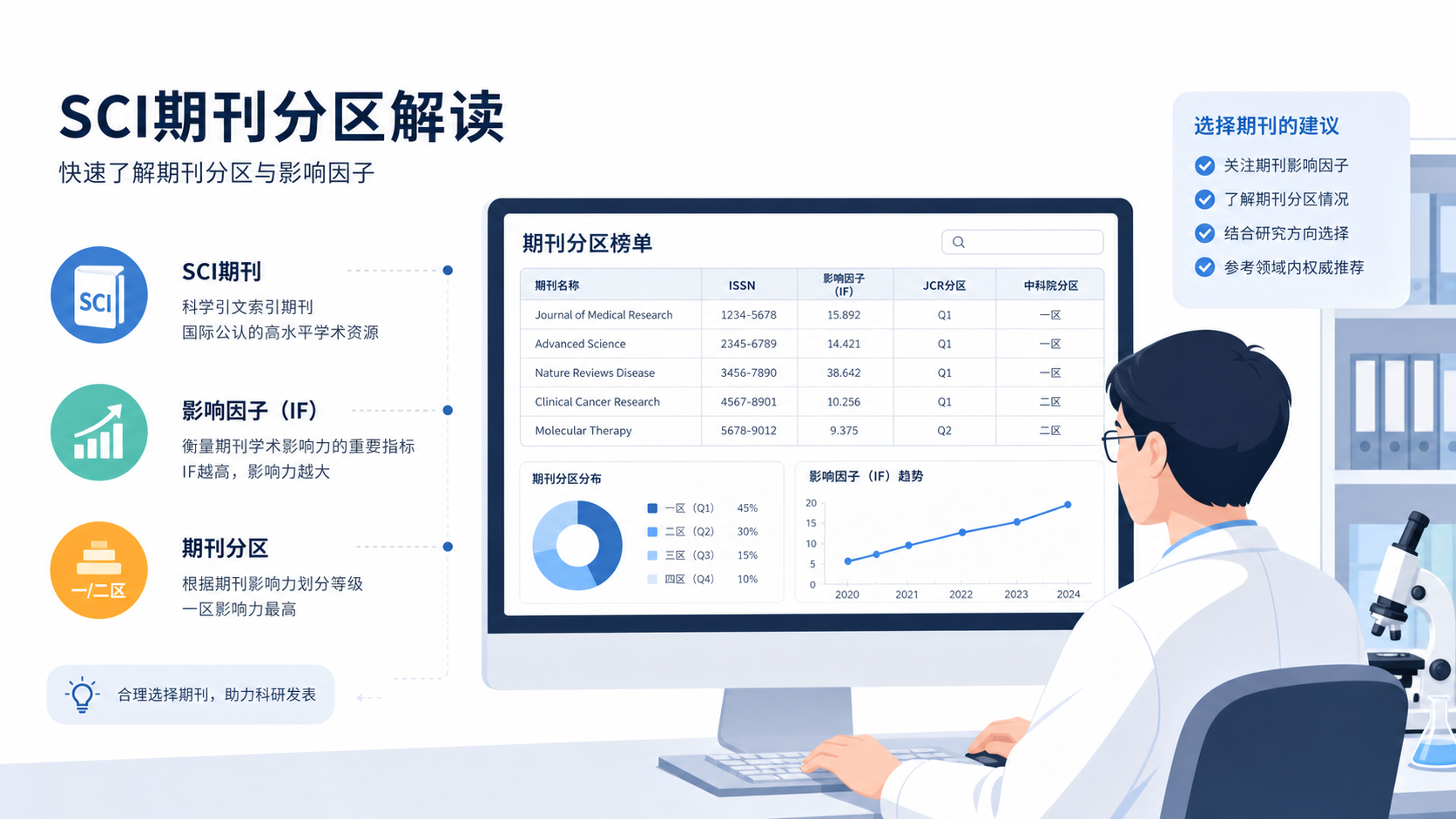 科研人员在电脑前查看期刊分区表,旁边有SCI期刊、影响因子、一区二区等信息的简洁信息图