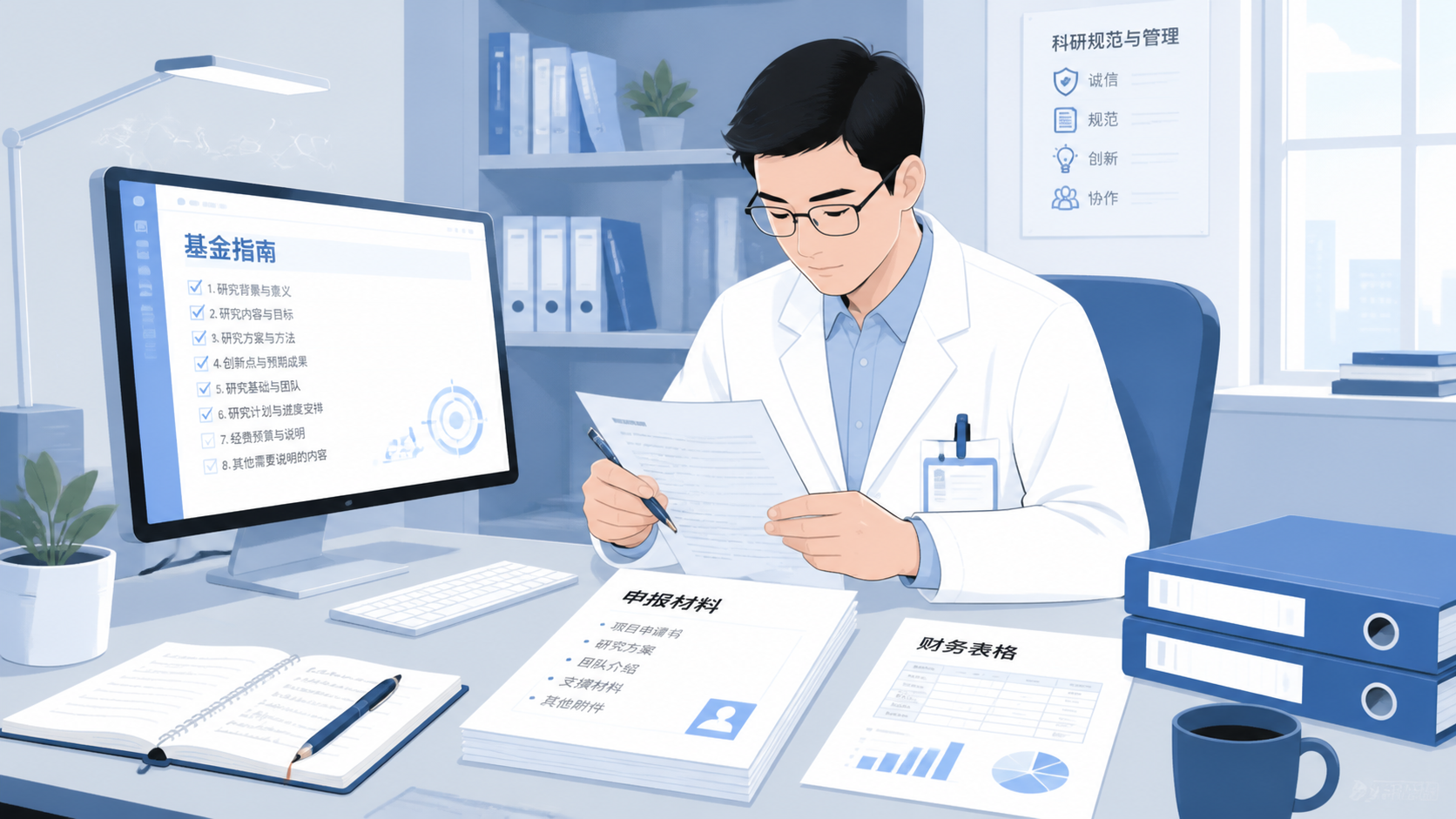 科研人员在办公室对照基金指南逐条核查申报材料，桌面有申请书、笔记本和财务表格。