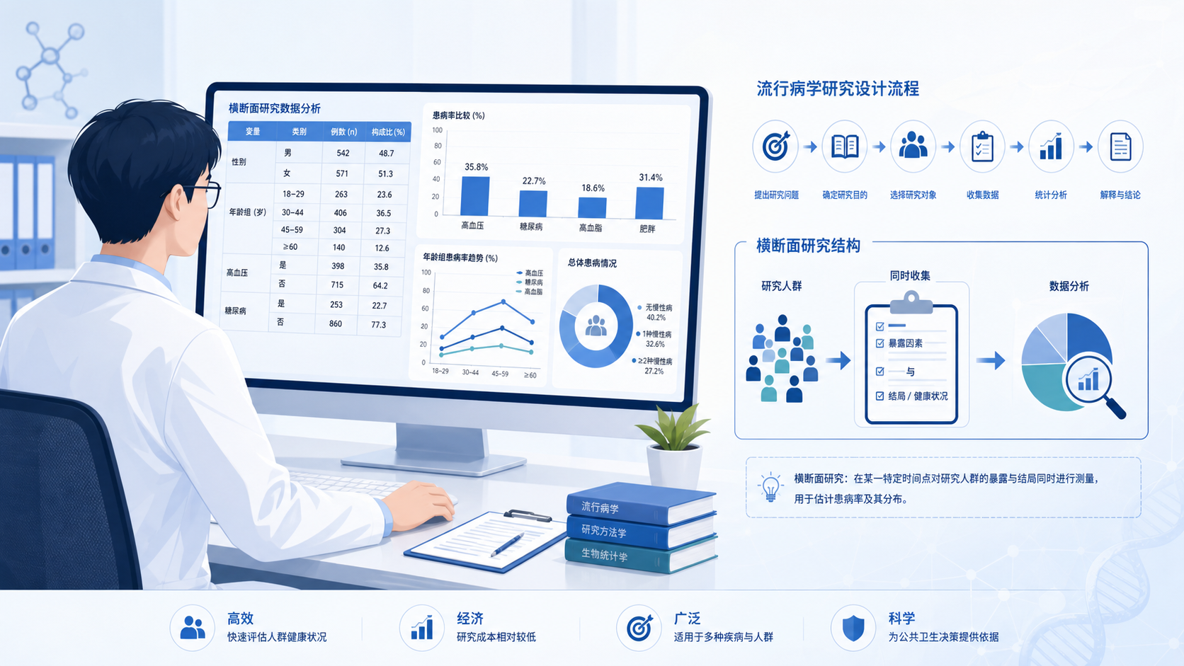 医学科研人员在电脑前查看横断面研究数据表和统计图，旁边有流行病学研究设计示意图