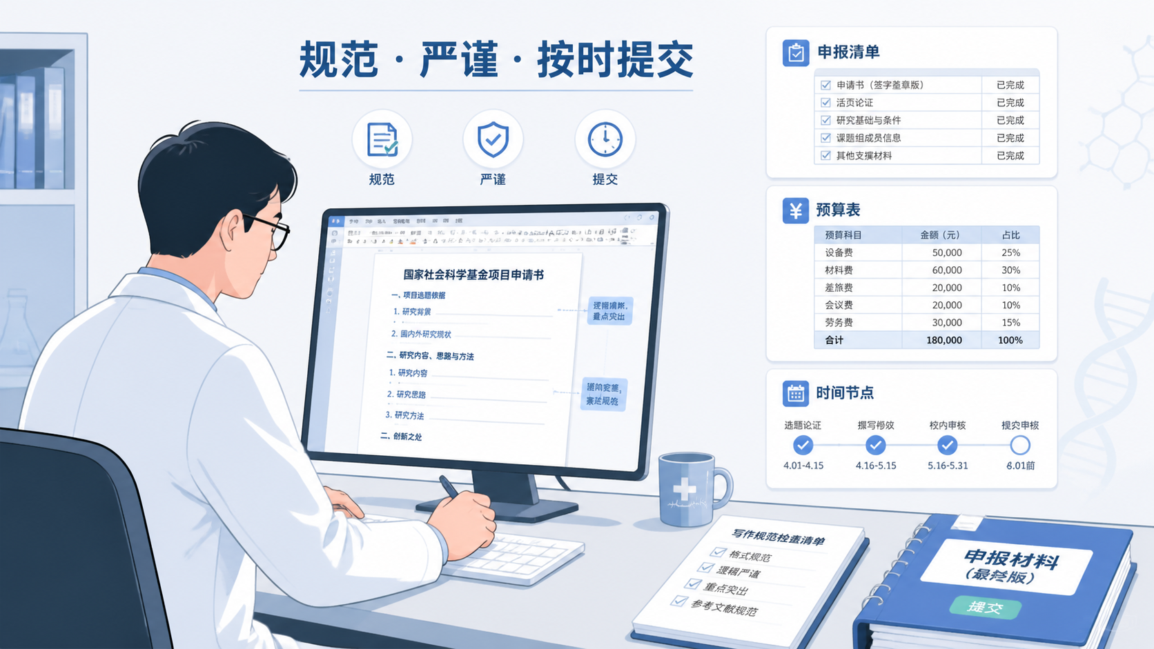 一位科研人员在电脑前修改国社科申请书，旁边是清晰标注的申报清单、预算表和时间节点，突出“规范、严谨、截止前审核”氛围